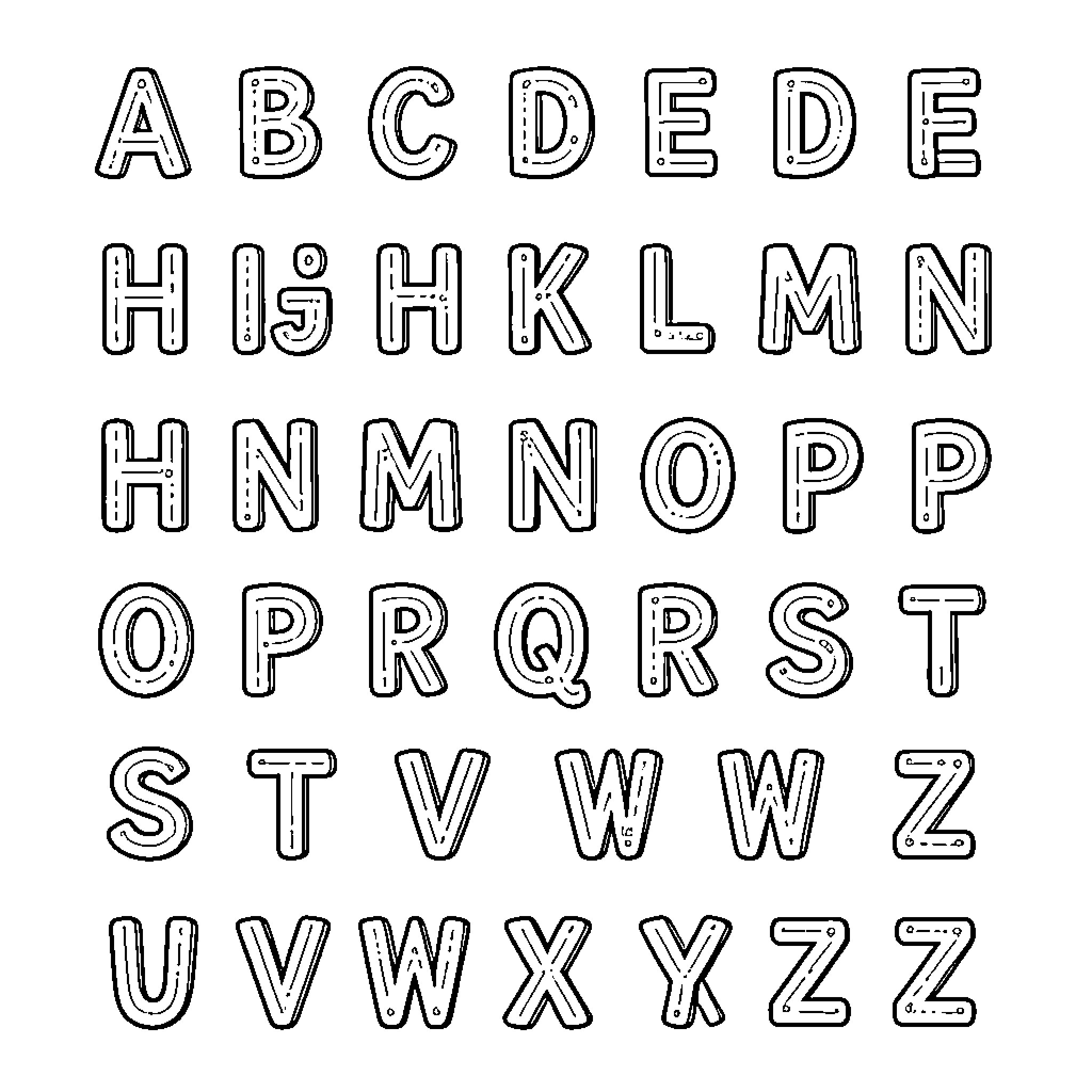 Letter Outlines of the Alphabet Coloring Page (free black-and-white line drawing printable PDF for all, from beginners to advanced learners, including children, teens, adults, and seniors)