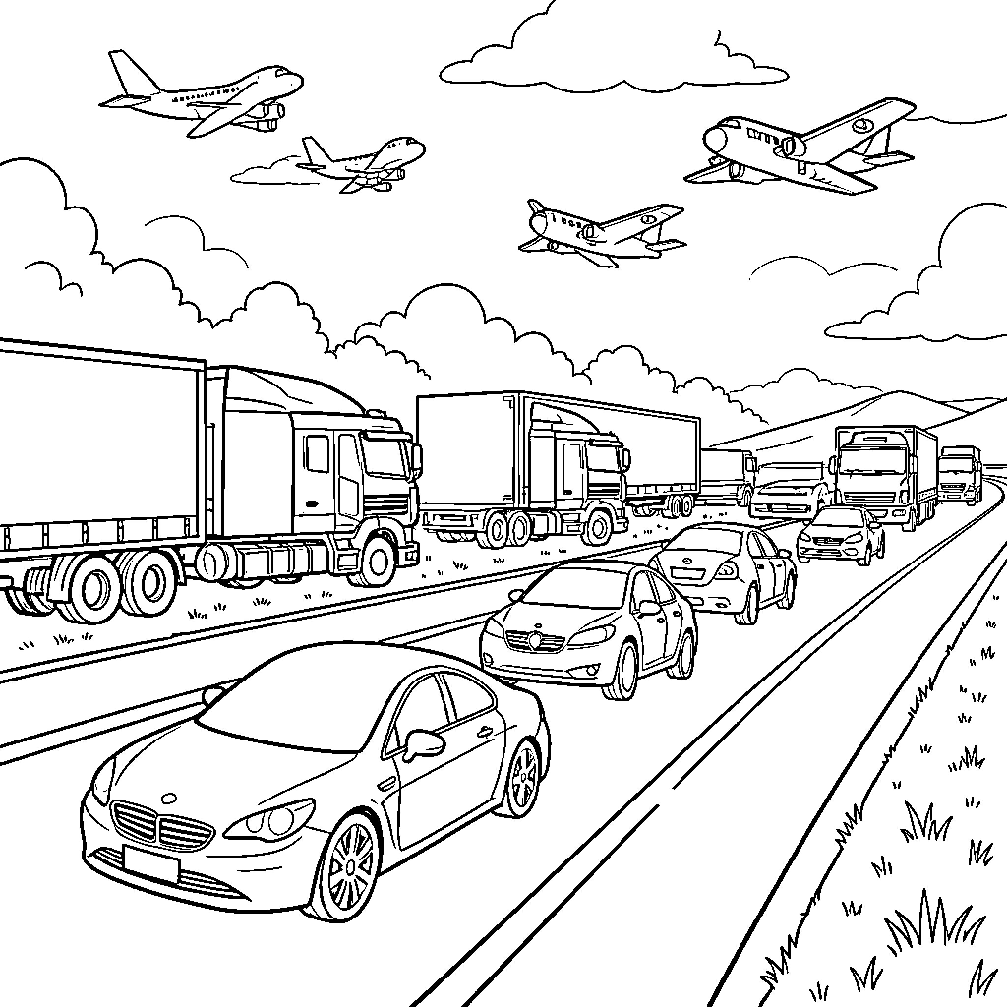 Car and heavy vehicles driving on a busy highway Coloring Page (free black-and-white line drawing printable PDF for all, from beginners to advanced learners, including children, teens, adults, and seniors)