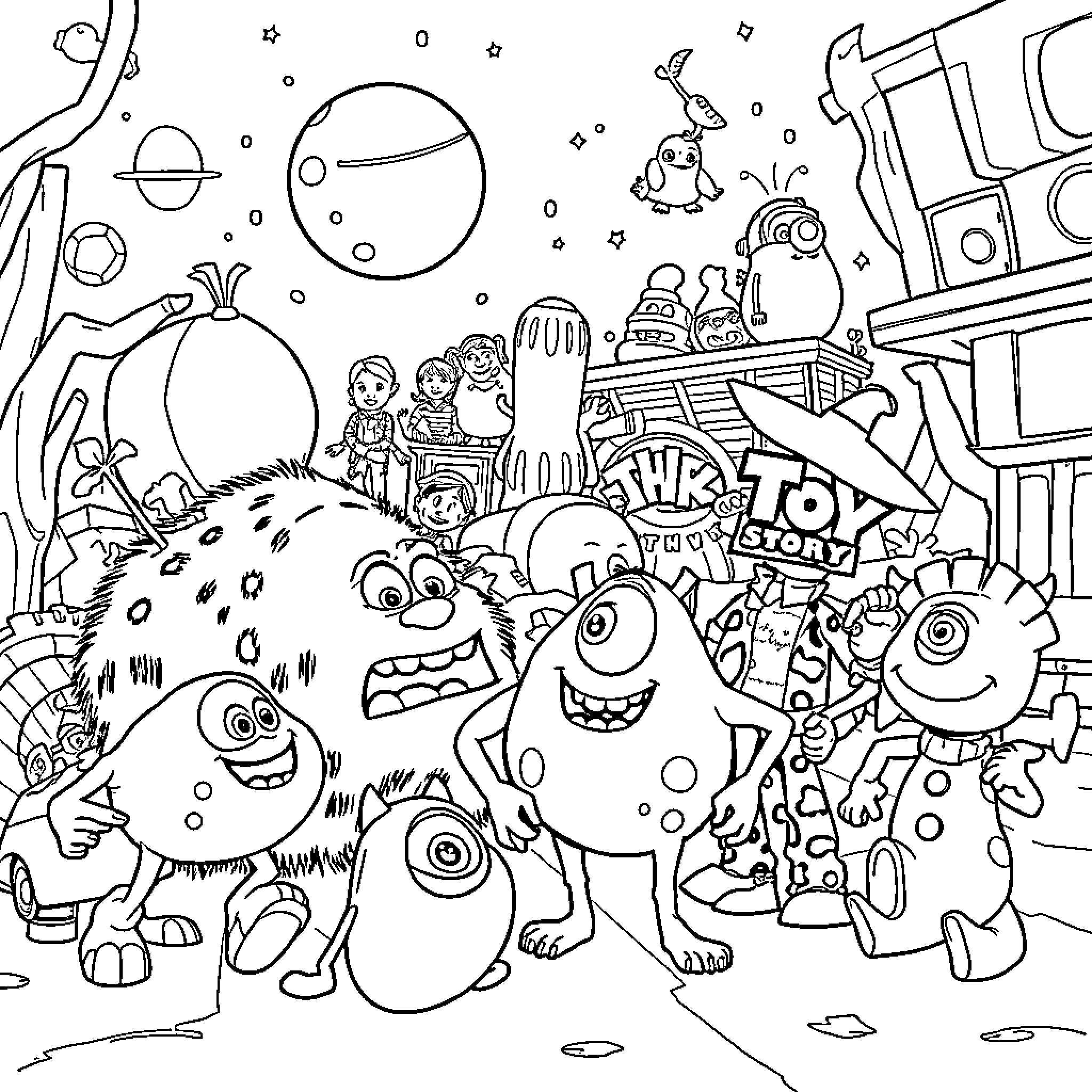 Monster characters in an imaginative toy store scene Coloring Page (free black-and-white line drawing printable PDF for all, from beginners to advanced learners, including children, teens, adults, and seniors)