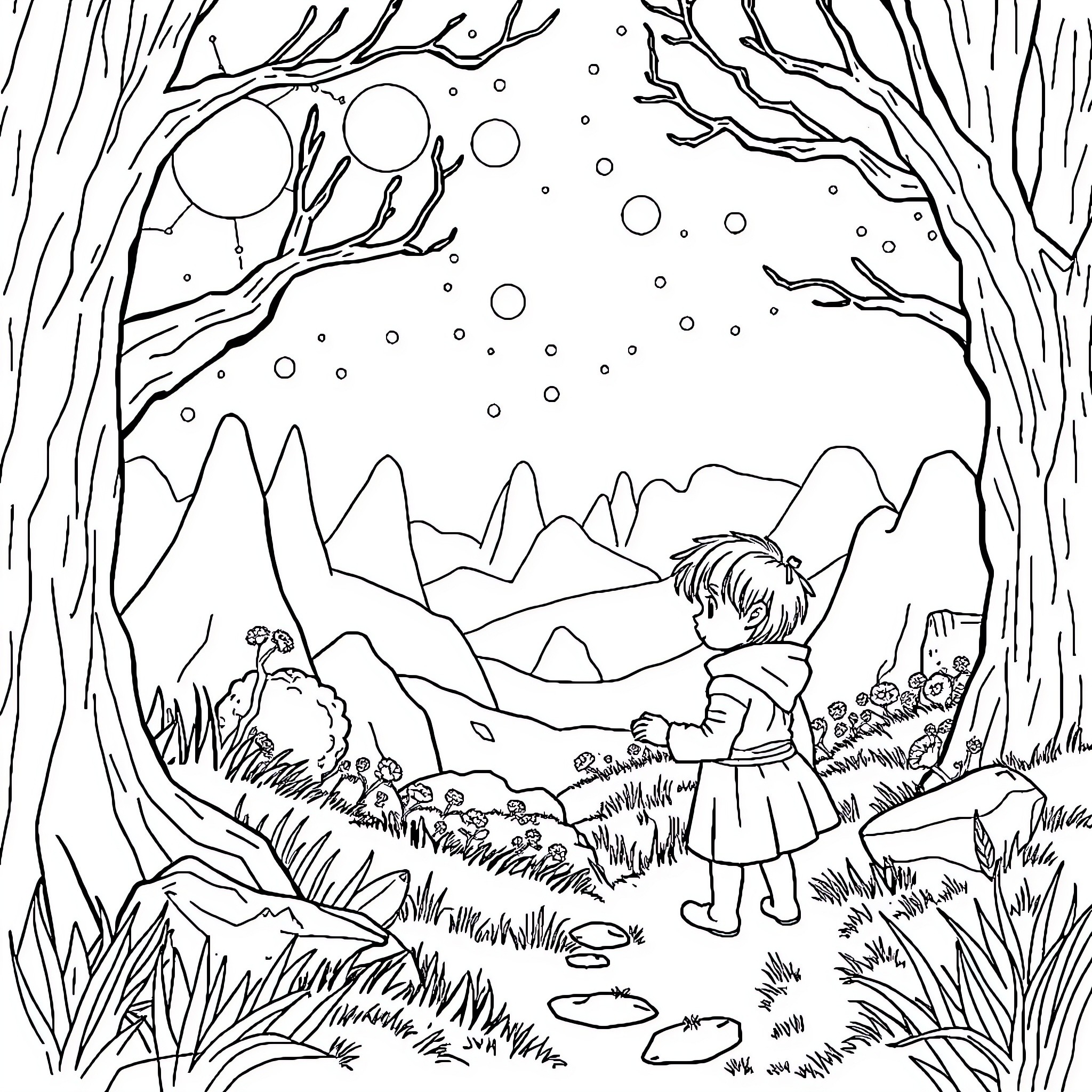 Lord of the Rings: Child Exploring the Enchanted Forest Coloring Page (free black-and-white line drawing printable PDF for all, from beginners to advanced learners, including children, teens, adults, and seniors)