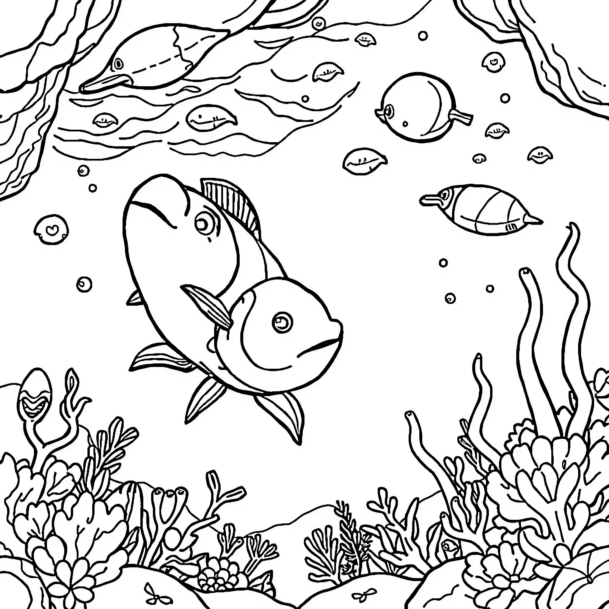 Under the Sea: Vibrant Marine Life and Coral Reef Coloring Page (free black-and-white line drawing printable PDF for all, from beginners to advanced learners, including children, teens, adults, and seniors)