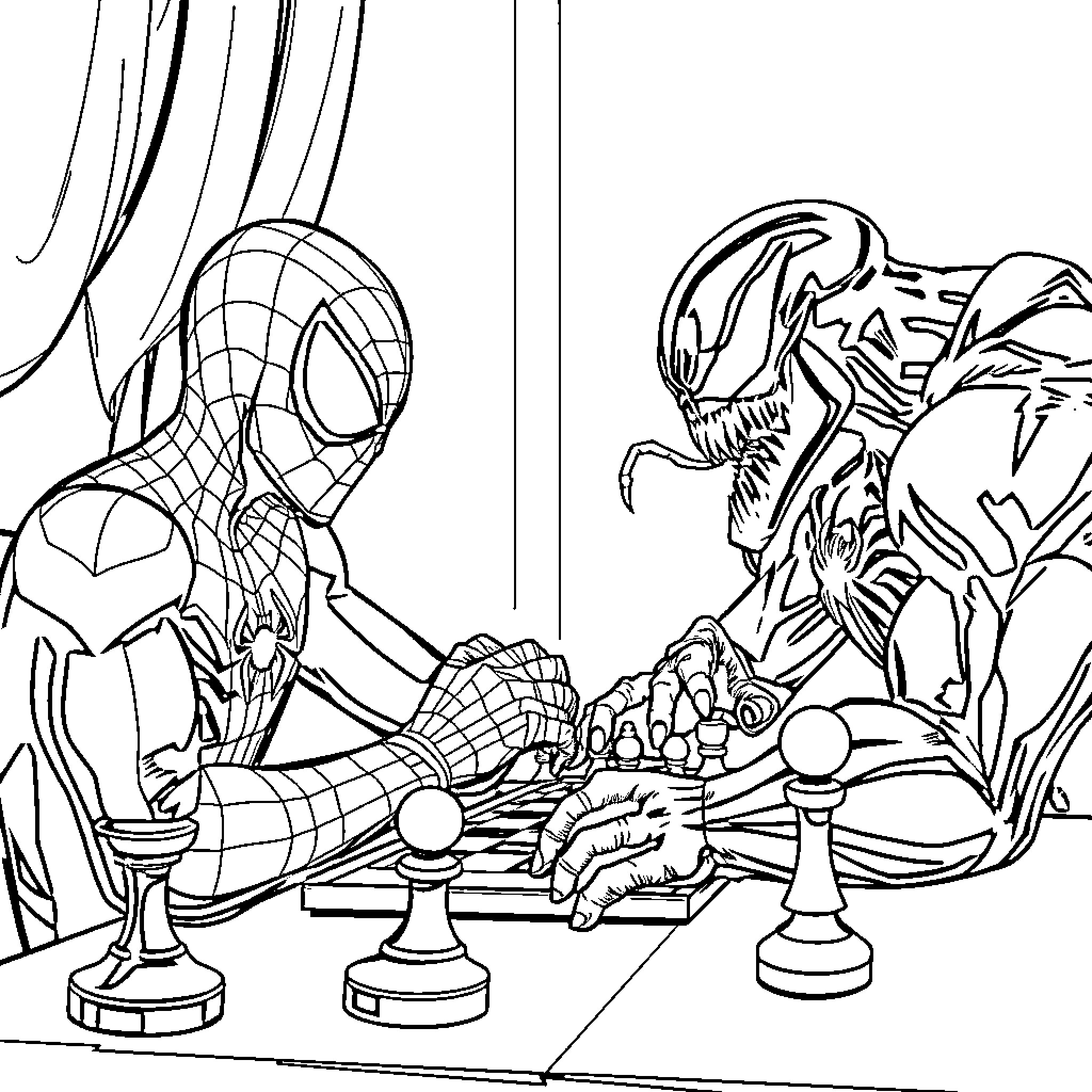 Spiderman battles fierce villain in epic showdown Coloring Page (free black-and-white line drawing printable PDF for all, from beginners to advanced learners, including children, teens, adults, and seniors)
