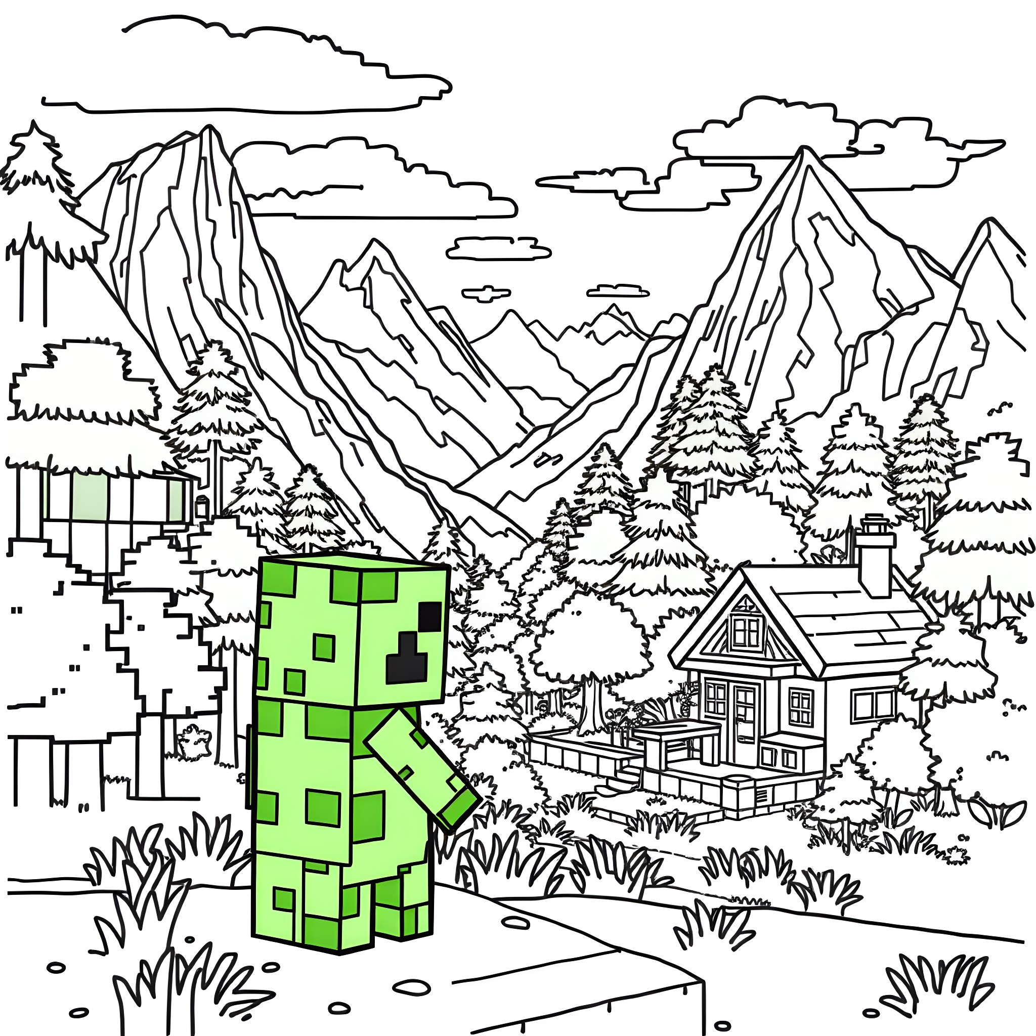 Creeper in the Enchanted Mountain Village Coloring Page (free black-and-white line drawing printable PDF for all, from beginners to advanced learners, including children, teens, adults, and seniors)