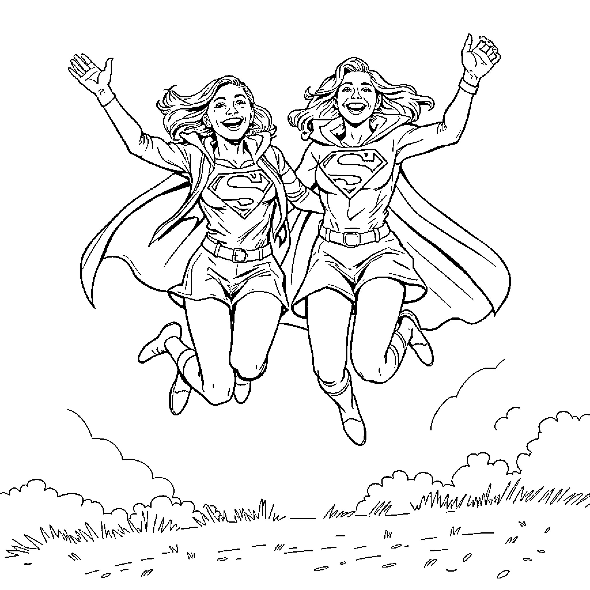 Lena Luther and Supergirl flying confidently through the sky Coloring Page (free black-and-white line drawing printable PDF for all, from beginners to advanced learners, including children, teens, adults, and seniors)