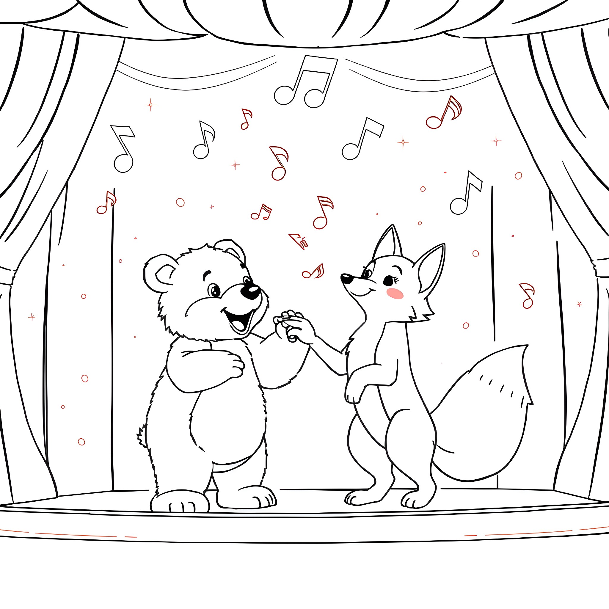 Bear and Fox Performing on Stage Coloring Page (free black-and-white line drawing printable PDF for all, from beginners to advanced learners, including children, teens, adults, and seniors)