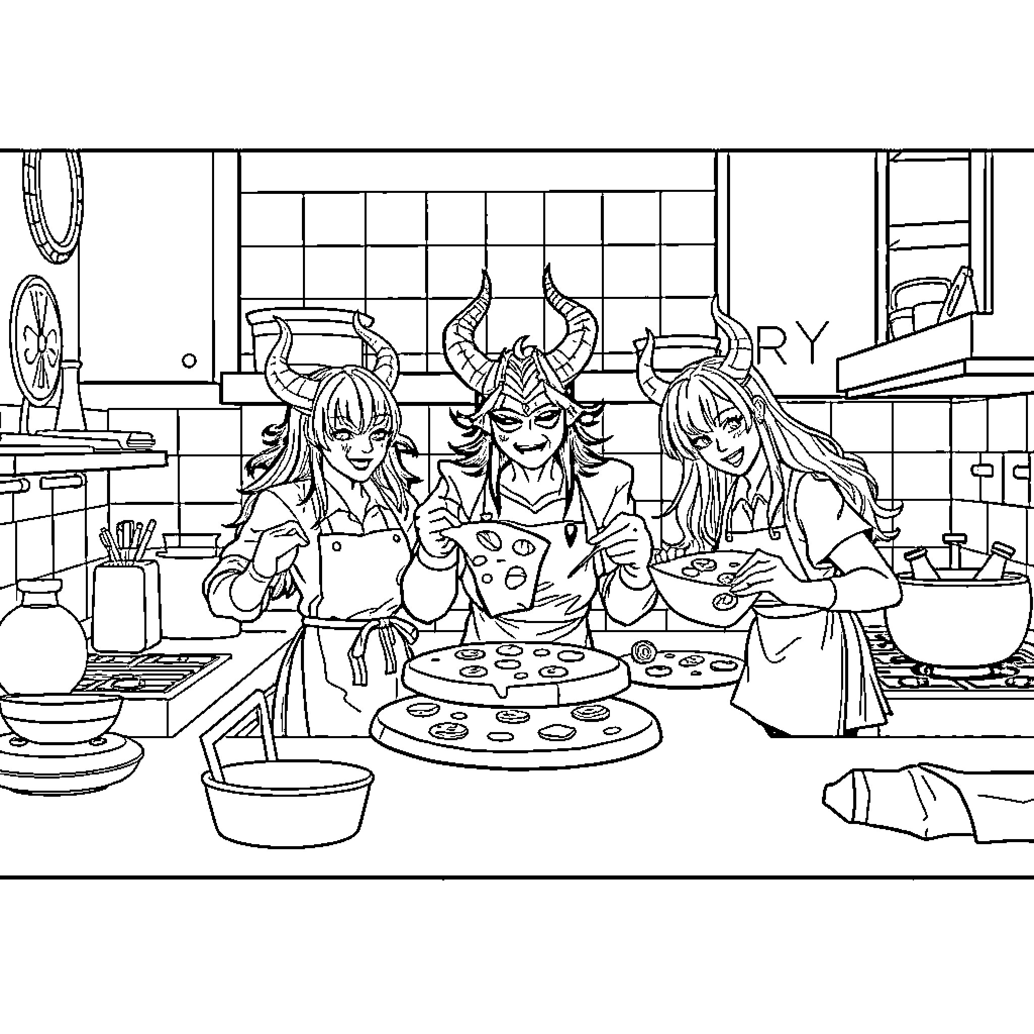 Kpop Demon Hunters Cooking Together in a Lively Kitchen Coloring Page (free black-and-white line drawing printable PDF for all, from beginners to advanced learners, including children, teens, adults, and seniors)