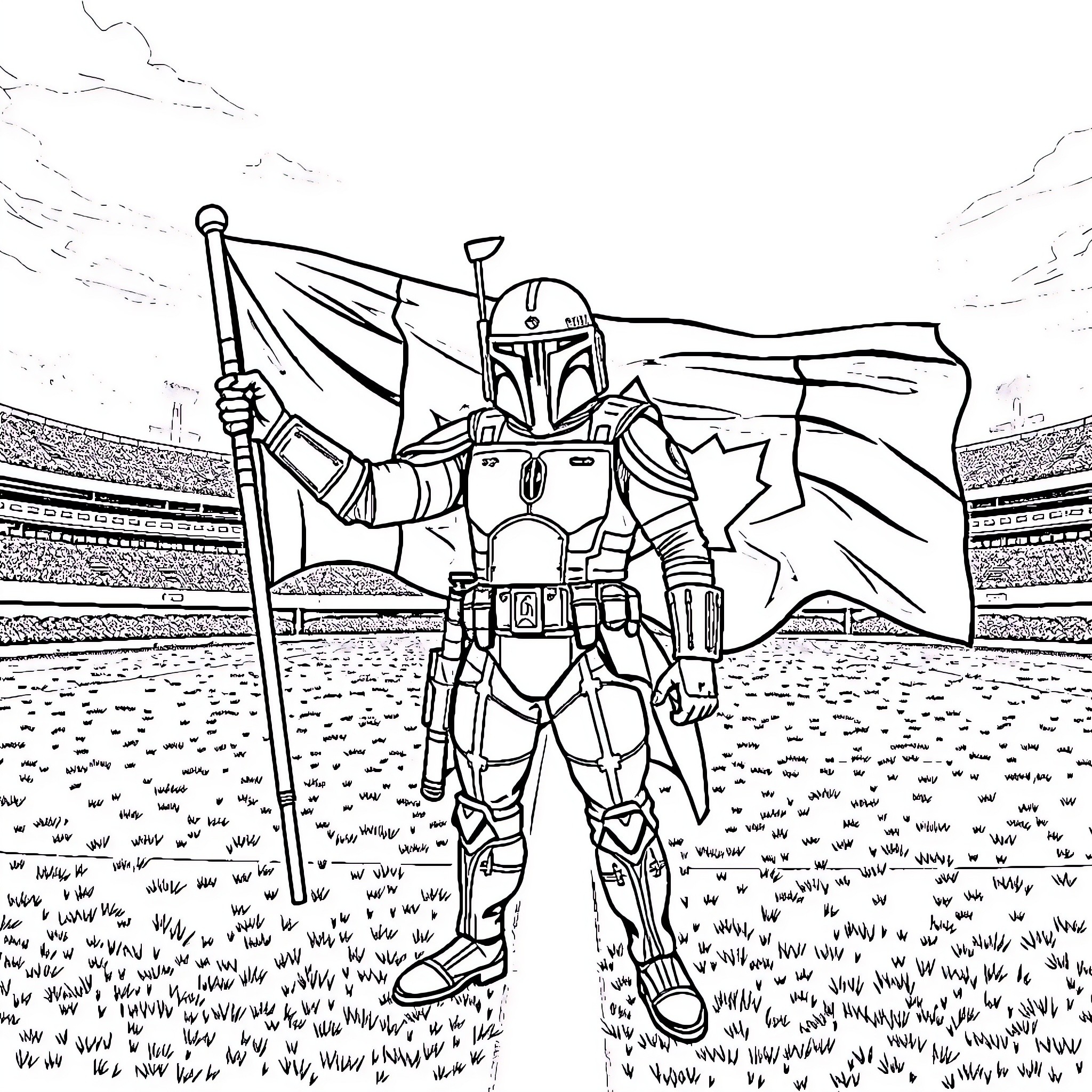 Jango Fett wielding flag in battle arena Coloring Page (free black-and-white line drawing printable PDF for all, from beginners to advanced learners, including children, teens, adults, and seniors)