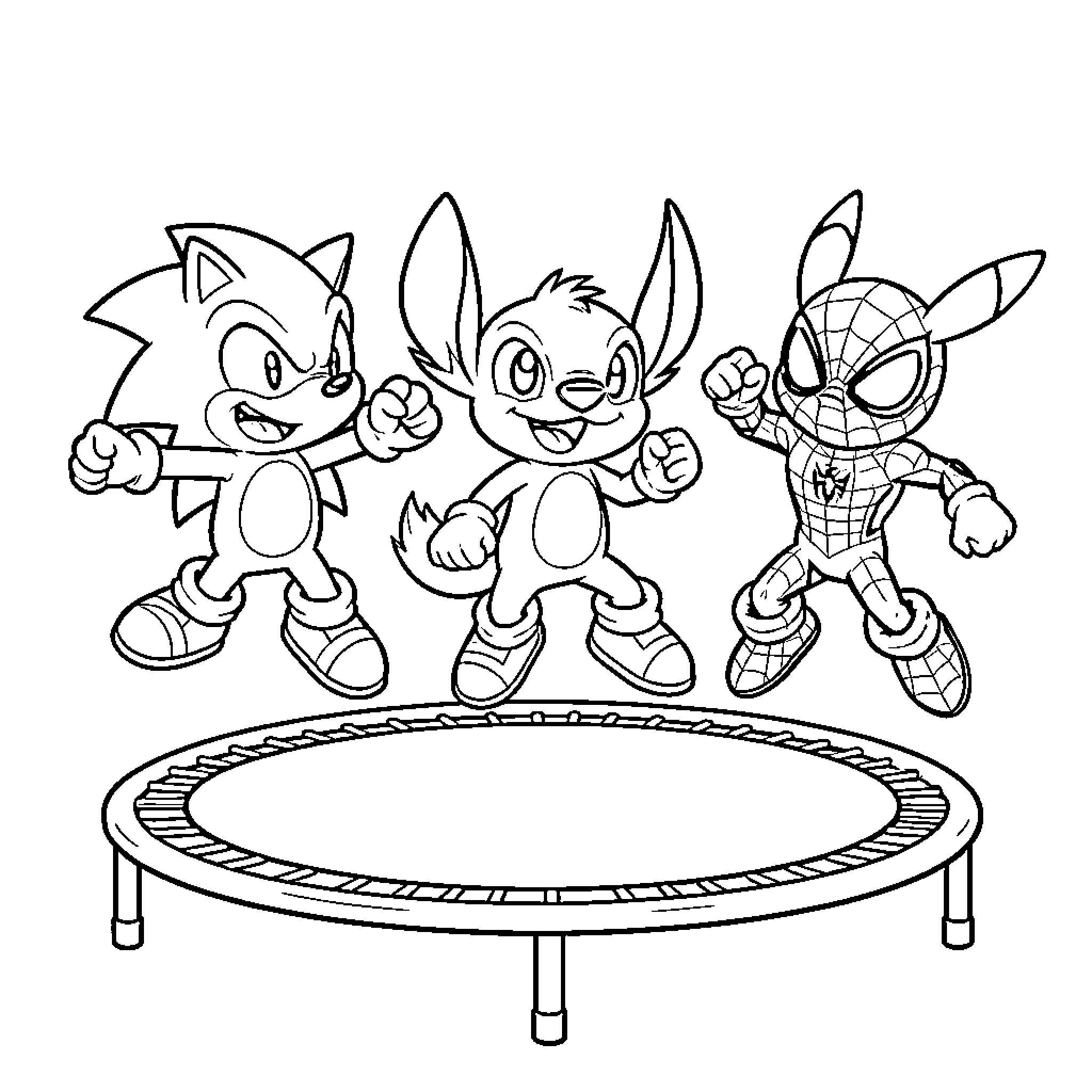 Sonic and friends jumping joyfully on a trampoline Coloring Page (free black-and-white line drawing printable PDF for all, from beginners to advanced learners, including children, teens, adults, and seniors)