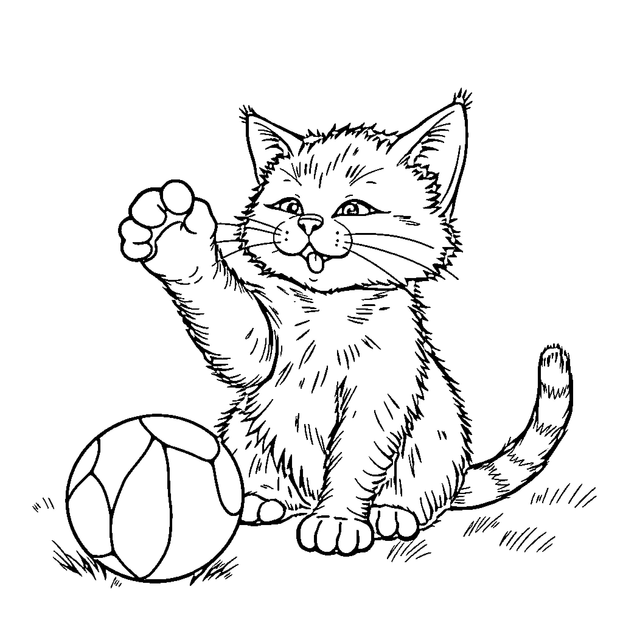 Cat playing happily with ball on the grass Coloring Page (free black-and-white line drawing printable PDF for all, from beginners to advanced learners, including children, teens, adults, and seniors)