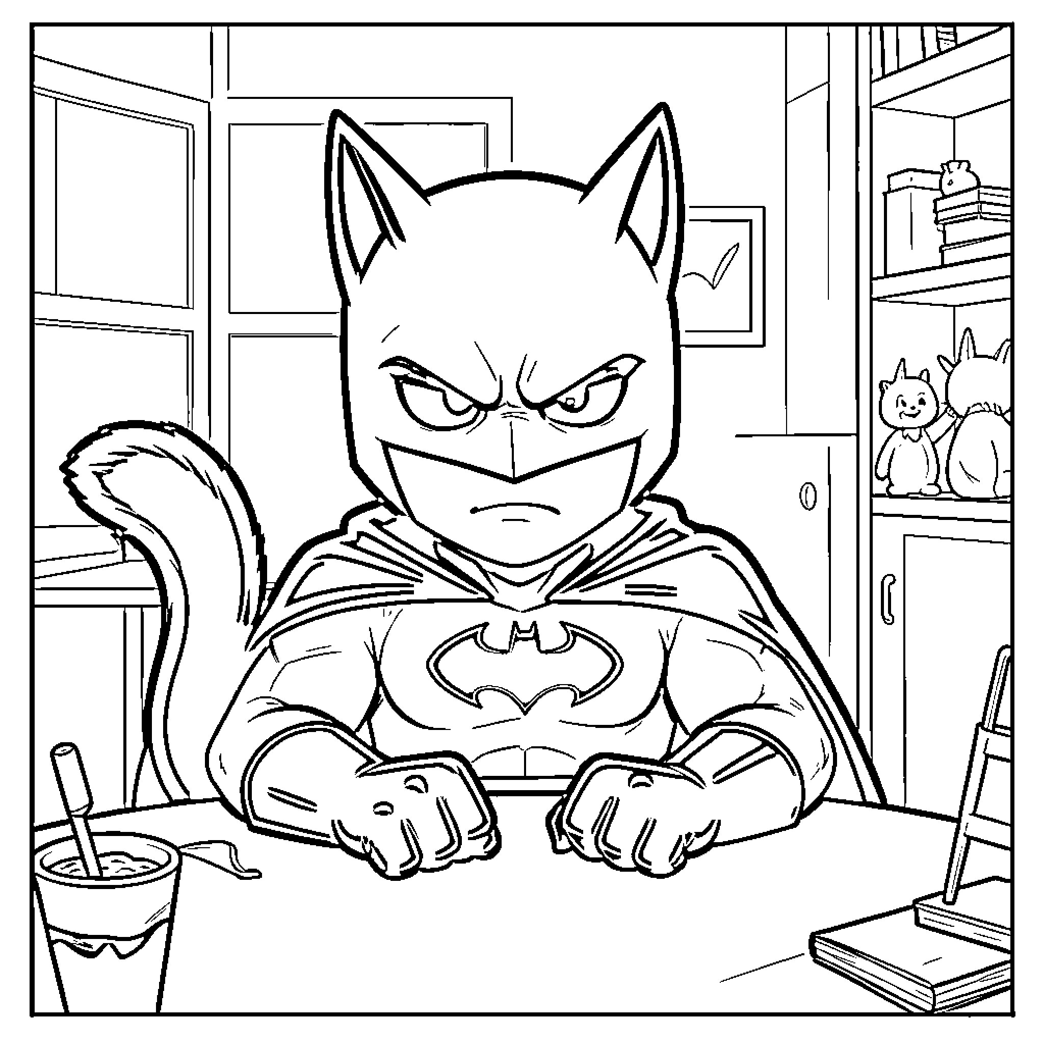 Catboy Superhero in Serious Pose at Desk Coloring Page (free black-and-white line drawing printable PDF for all, from beginners to advanced learners, including children, teens, adults, and seniors)