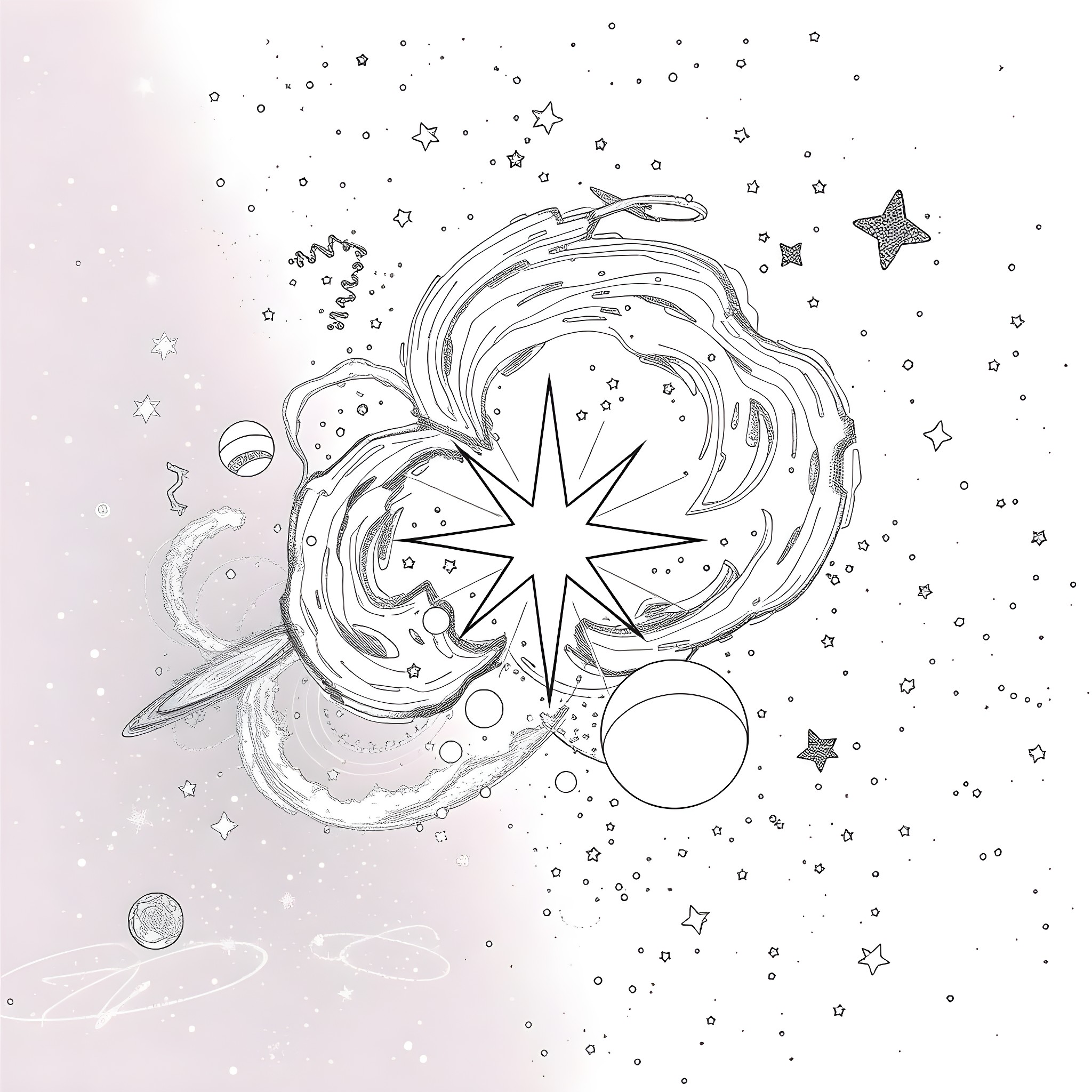 Star-filled cosmic scene with celestial objects Coloring Page (free black-and-white line drawing printable PDF for all, from beginners to advanced learners, including children, teens, adults, and seniors)