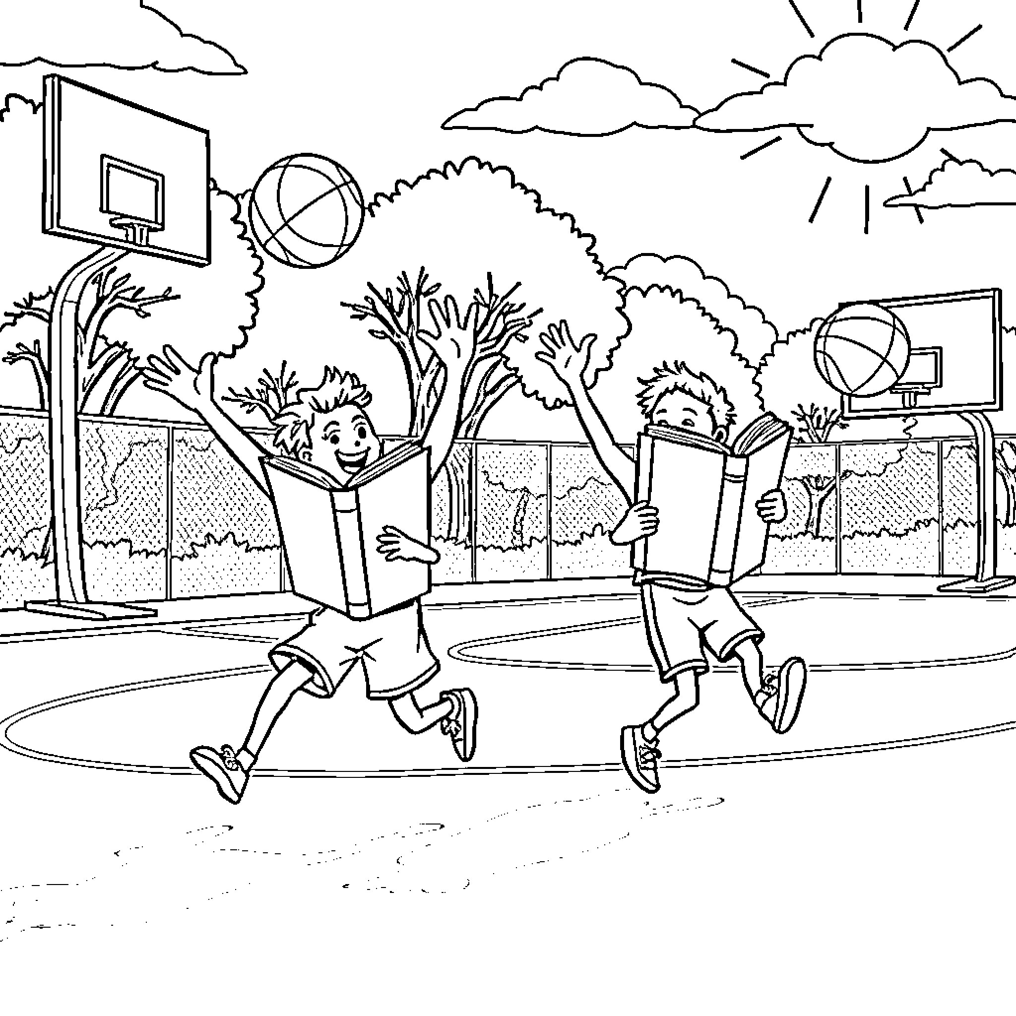Book of Boys Playing Basketball on Court Coloring Page (free black-and-white line drawing printable PDF for all, from beginners to advanced learners, including children, teens, adults, and seniors)