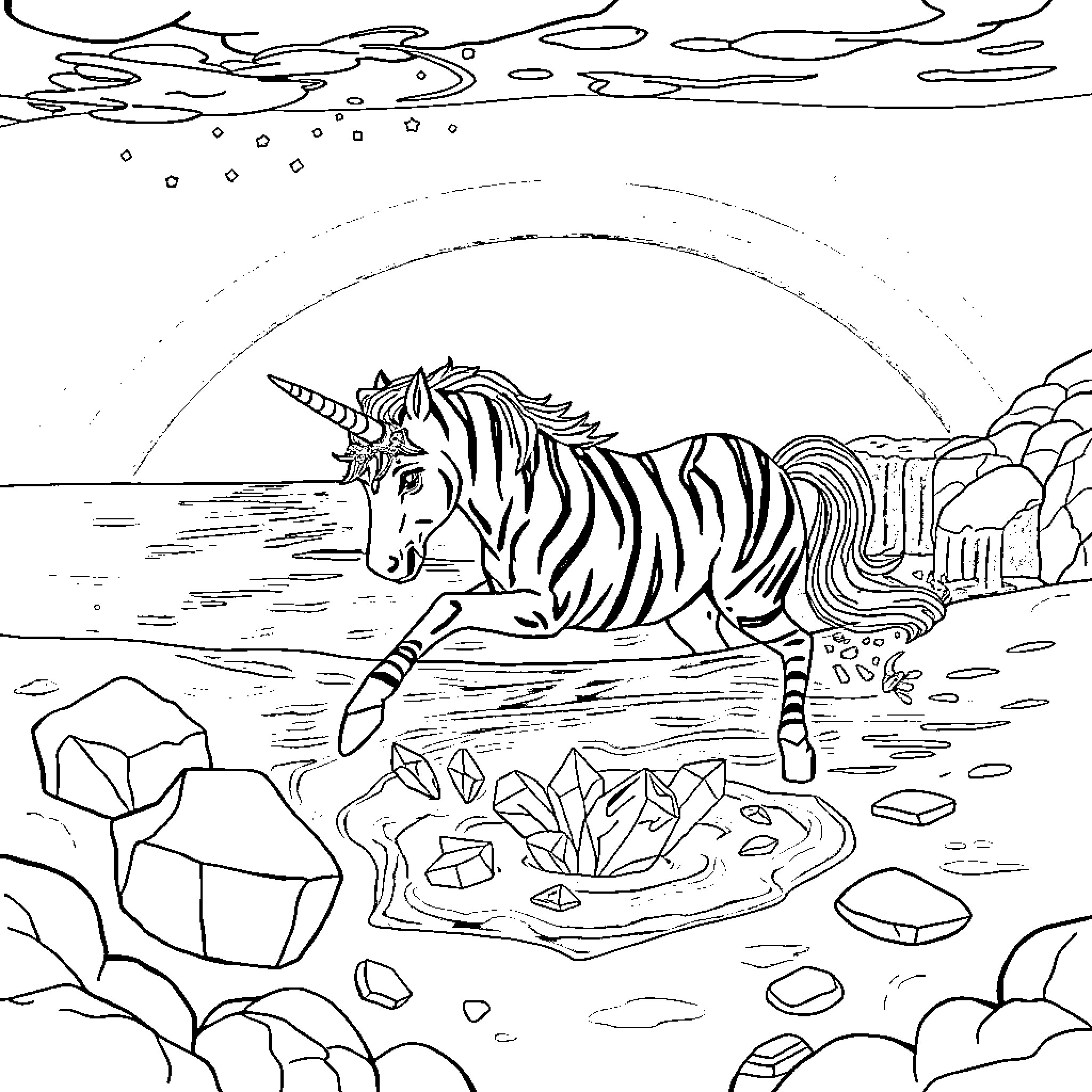 Unicorn galloping across the enchanted landscape Coloring Page (free black-and-white line drawing printable PDF for all, from beginners to advanced learners, including children, teens, adults, and seniors)
