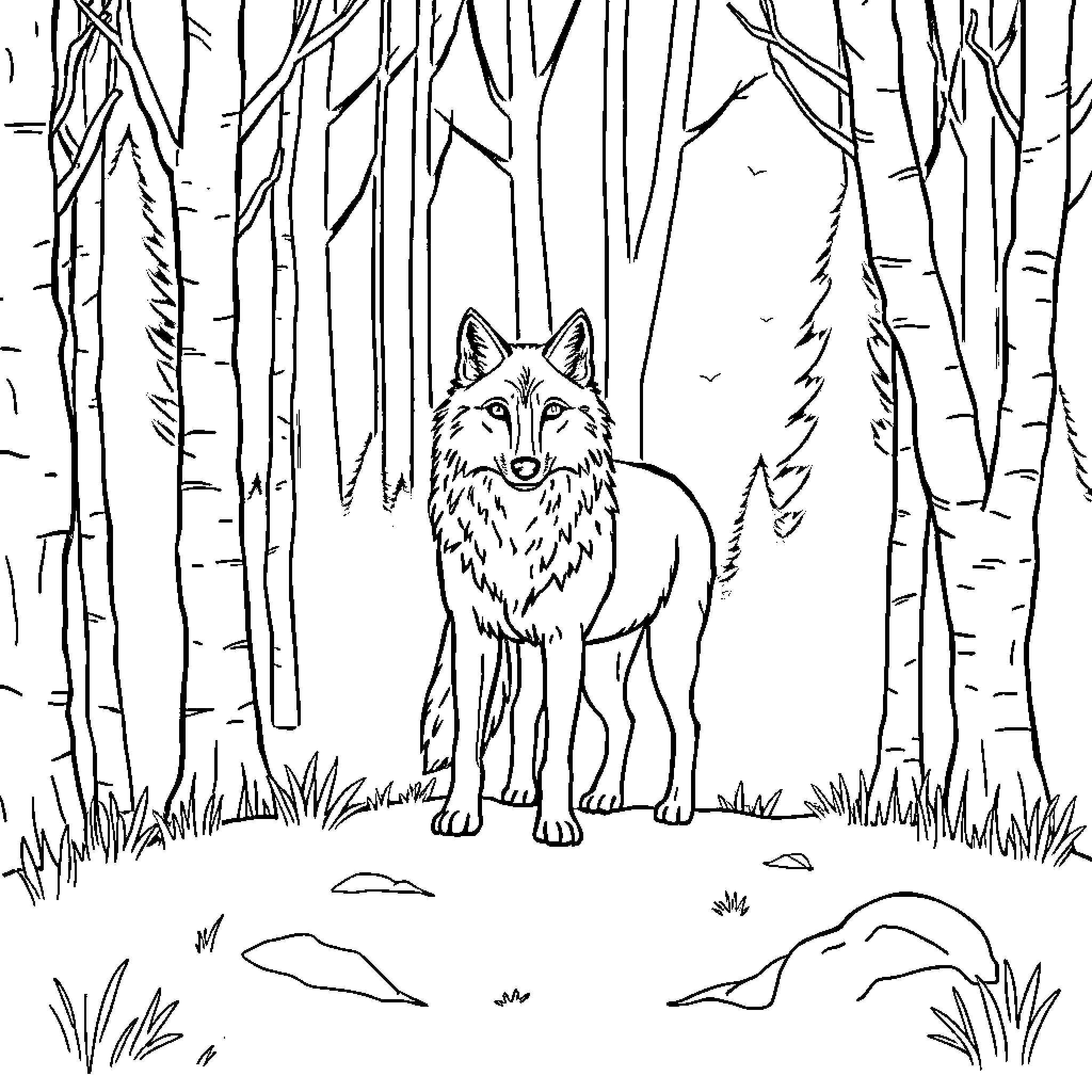 Wolf exploring the mysterious forest Coloring Page (free black-and-white line drawing printable PDF for all, from beginners to advanced learners, including children, teens, adults, and seniors)