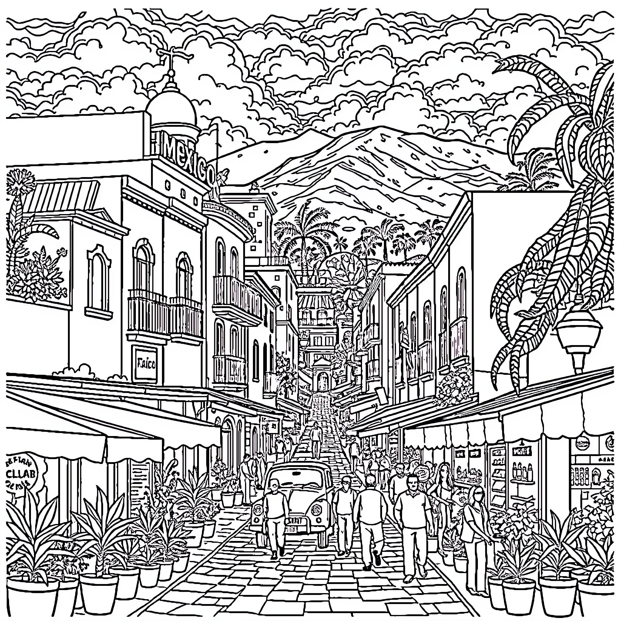 Mexico Market Scene with Bustling Locals and Landscapes Coloring Page (free black-and-white line drawing printable PDF for all, from beginners to advanced learners, including children, teens, adults, and seniors)