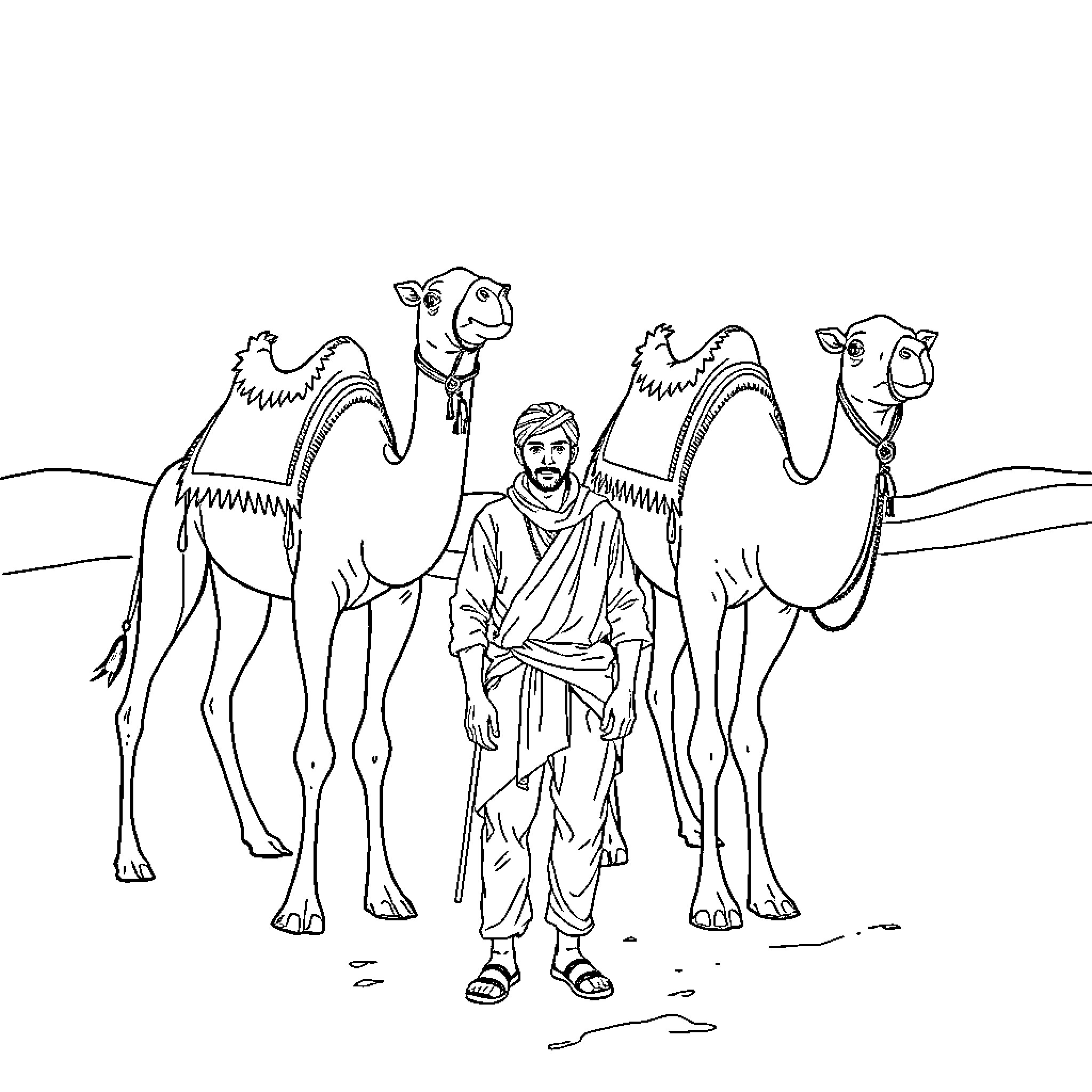 Man with camels in desert landscape Coloring Page (free black-and-white line drawing printable PDF for all, from beginners to advanced learners, including children, teens, adults, and seniors)