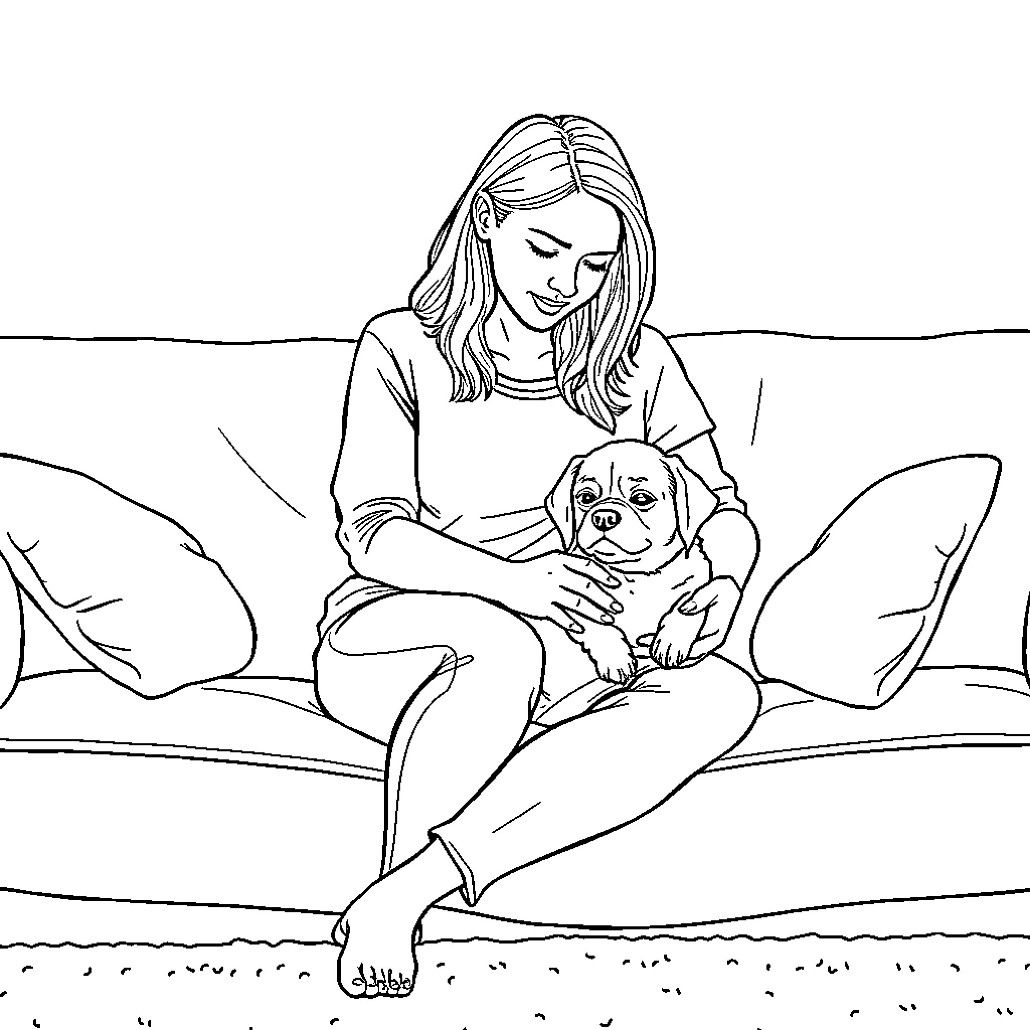 Mom bonding with her puppy on the couch Coloring Page (free black-and-white line drawing printable PDF for all, from beginners to advanced learners, including children, teens, adults, and seniors)