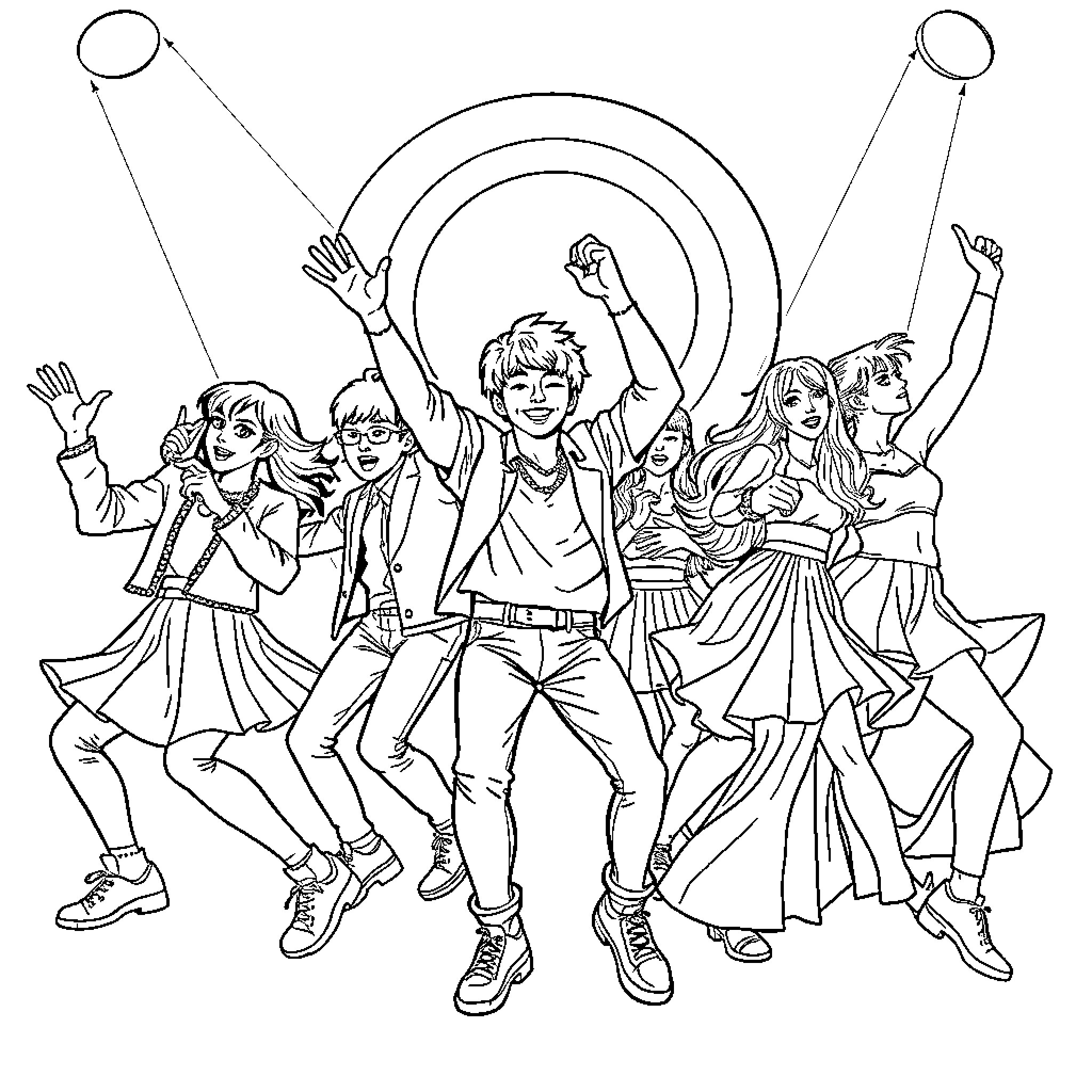 Kpop Performers Energetic Dance Routine Coloring Page (free black-and-white line drawing printable PDF for all, from beginners to advanced learners, including children, teens, adults, and seniors)
