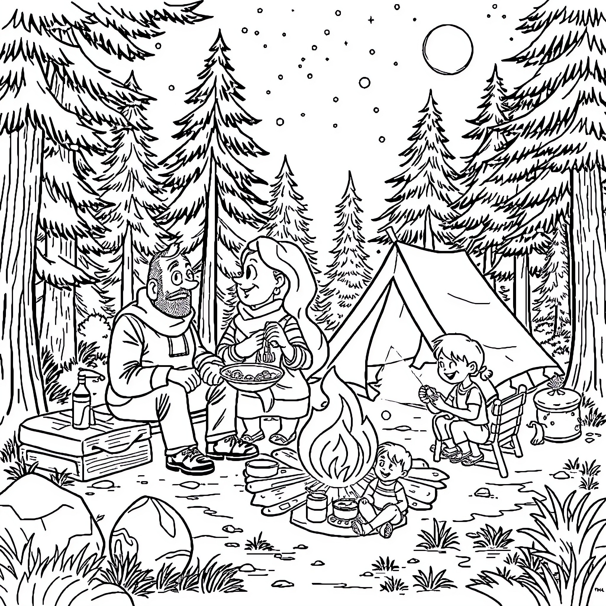 Family Camping Adventure in the Snowy Woods Coloring Page (free black-and-white line drawing printable PDF for all, from beginners to advanced learners, including children, teens, adults, and seniors)