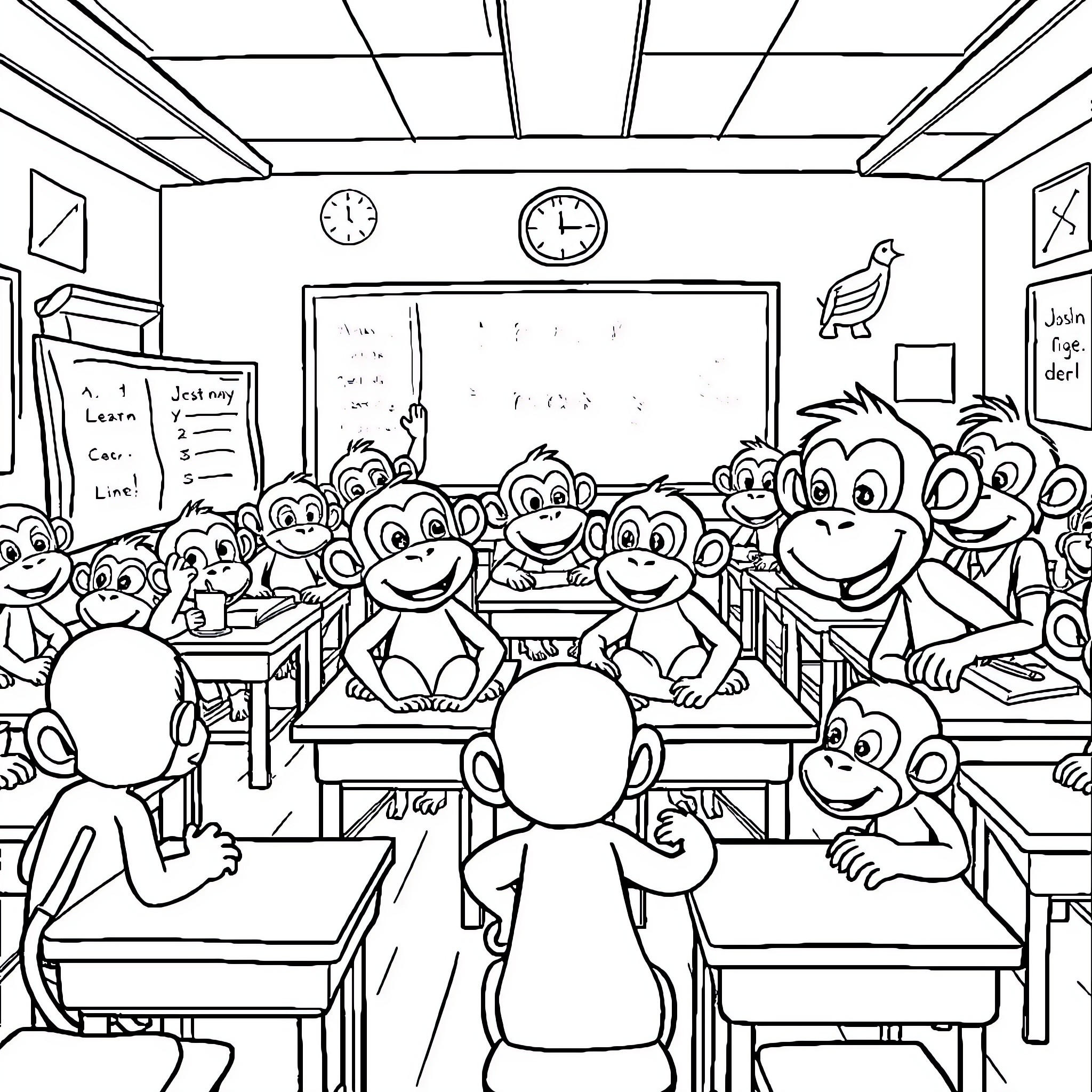 Monkeys in a lively classroom scene Coloring Page (free black-and-white line drawing printable PDF for all, from beginners to advanced learners, including children, teens, adults, and seniors)