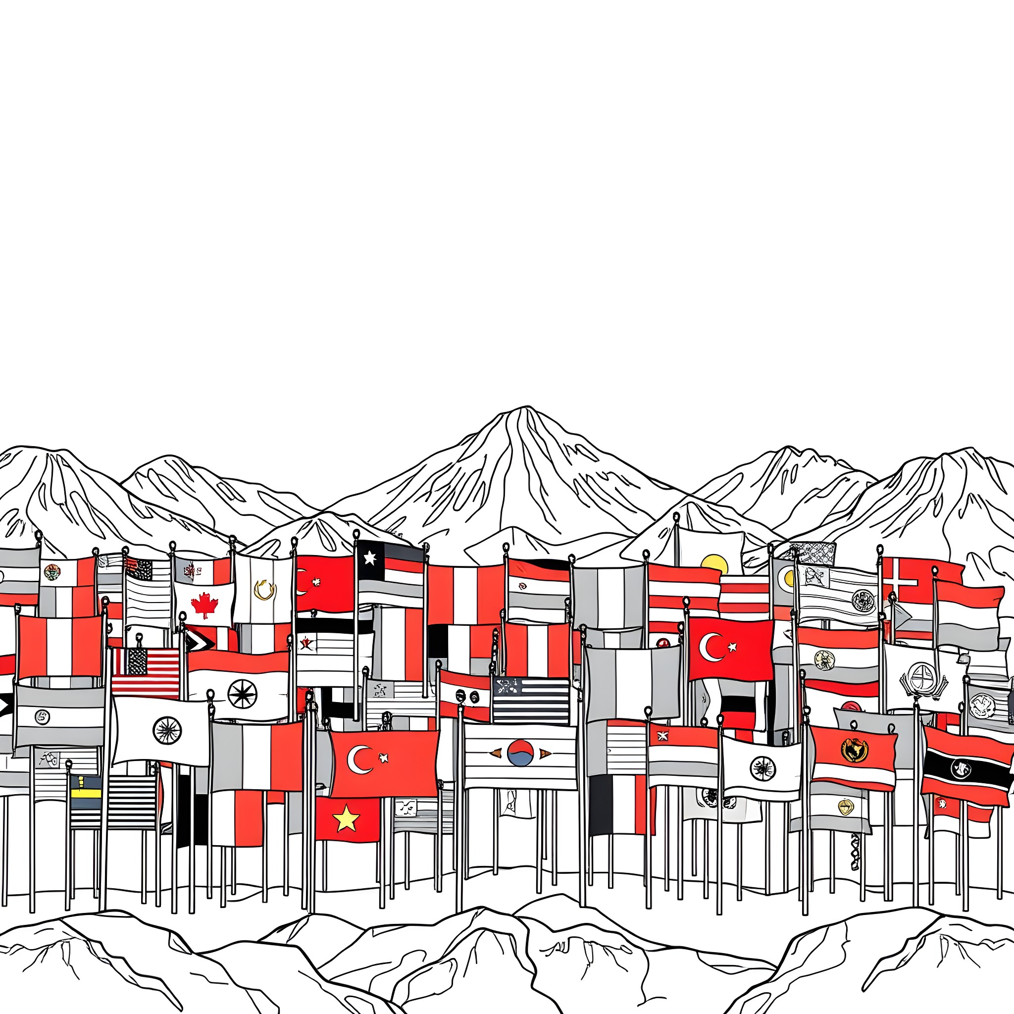 Flag of Nations Fluttering in a Mountainous Landscape Coloring Page (free black-and-white line drawing printable PDF for all, from beginners to advanced learners, including children, teens, adults, and seniors)