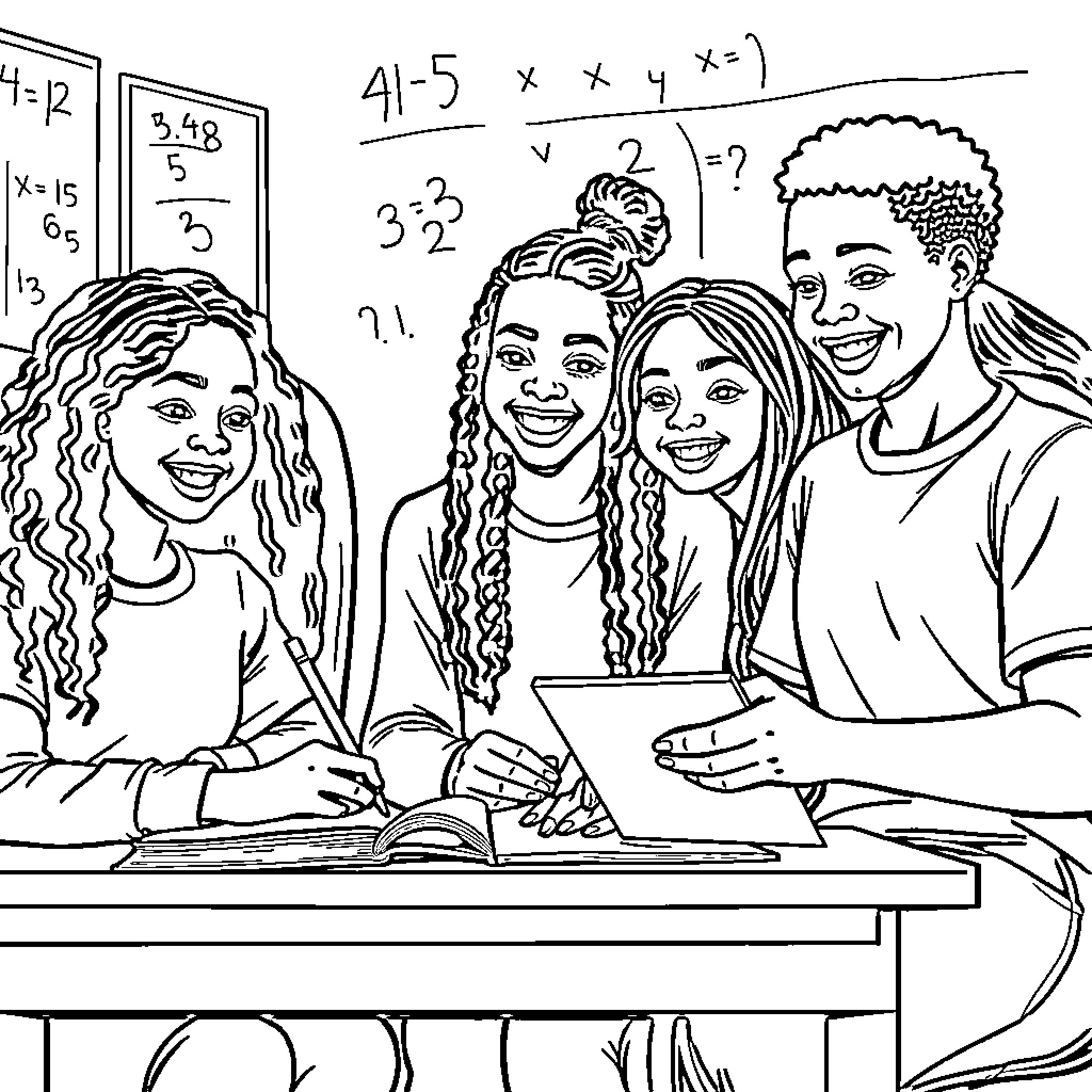 Students Studying and Collaborating in Classroom Coloring Page (free black-and-white line drawing printable PDF for all, from beginners to advanced learners, including children, teens, adults, and seniors)