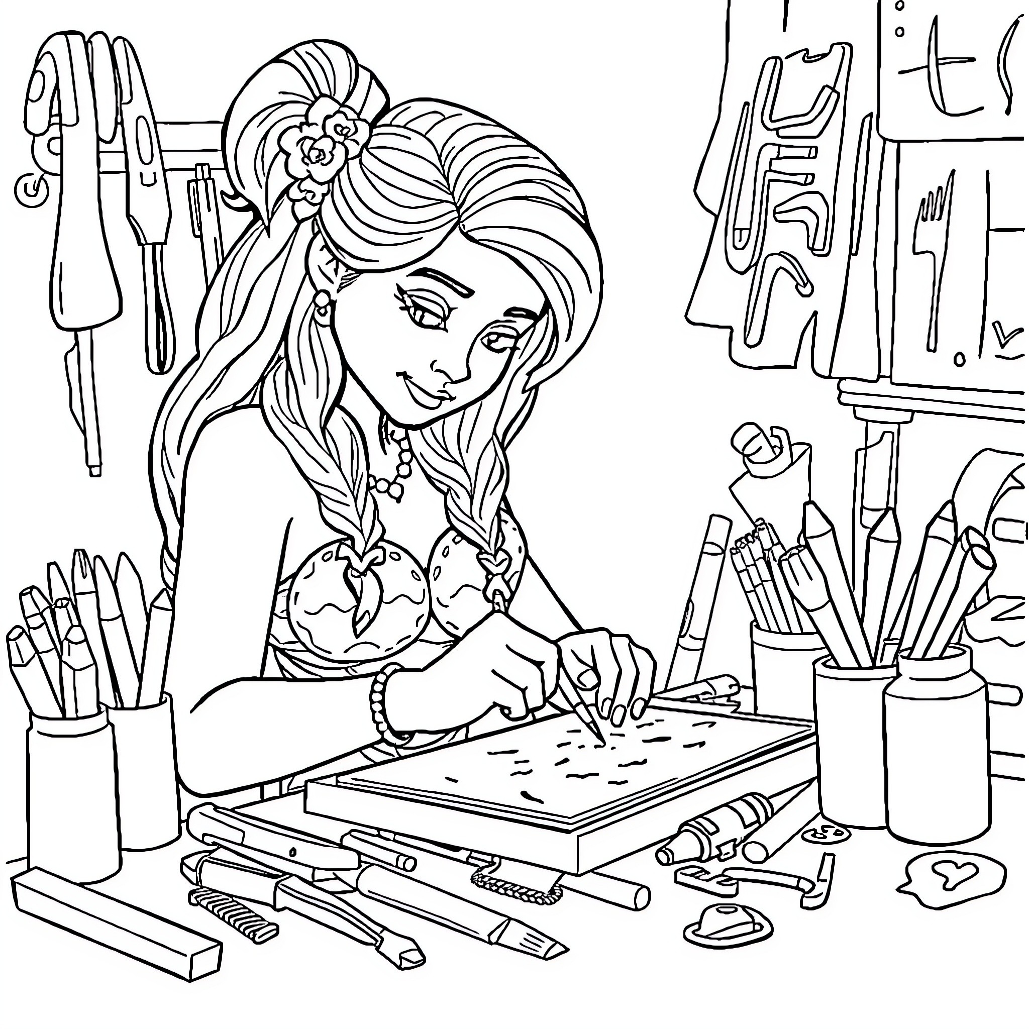 Vaiana Creating Art in Her Studio Coloring Page (free black-and-white line drawing printable PDF for all, from beginners to advanced learners, including children, teens, adults, and seniors)