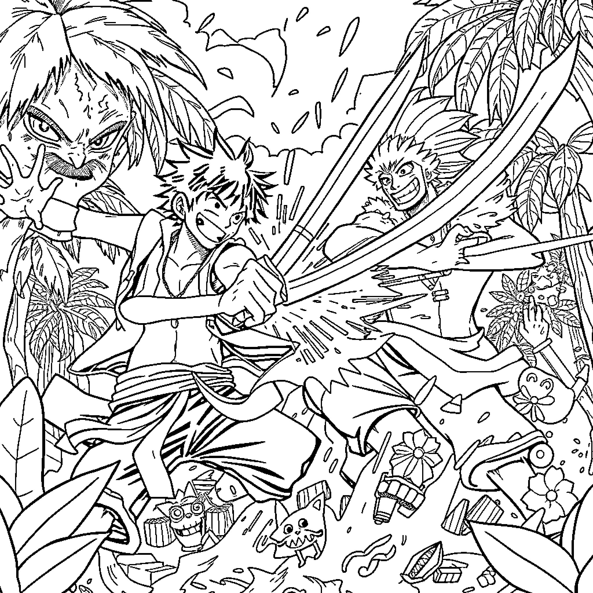 Monkey D Luffy's Adventurous Journey in the Tropical Wilderness Coloring Page (free black-and-white line drawing printable PDF for all, from beginners to advanced learners, including children, teens, adults, and seniors)