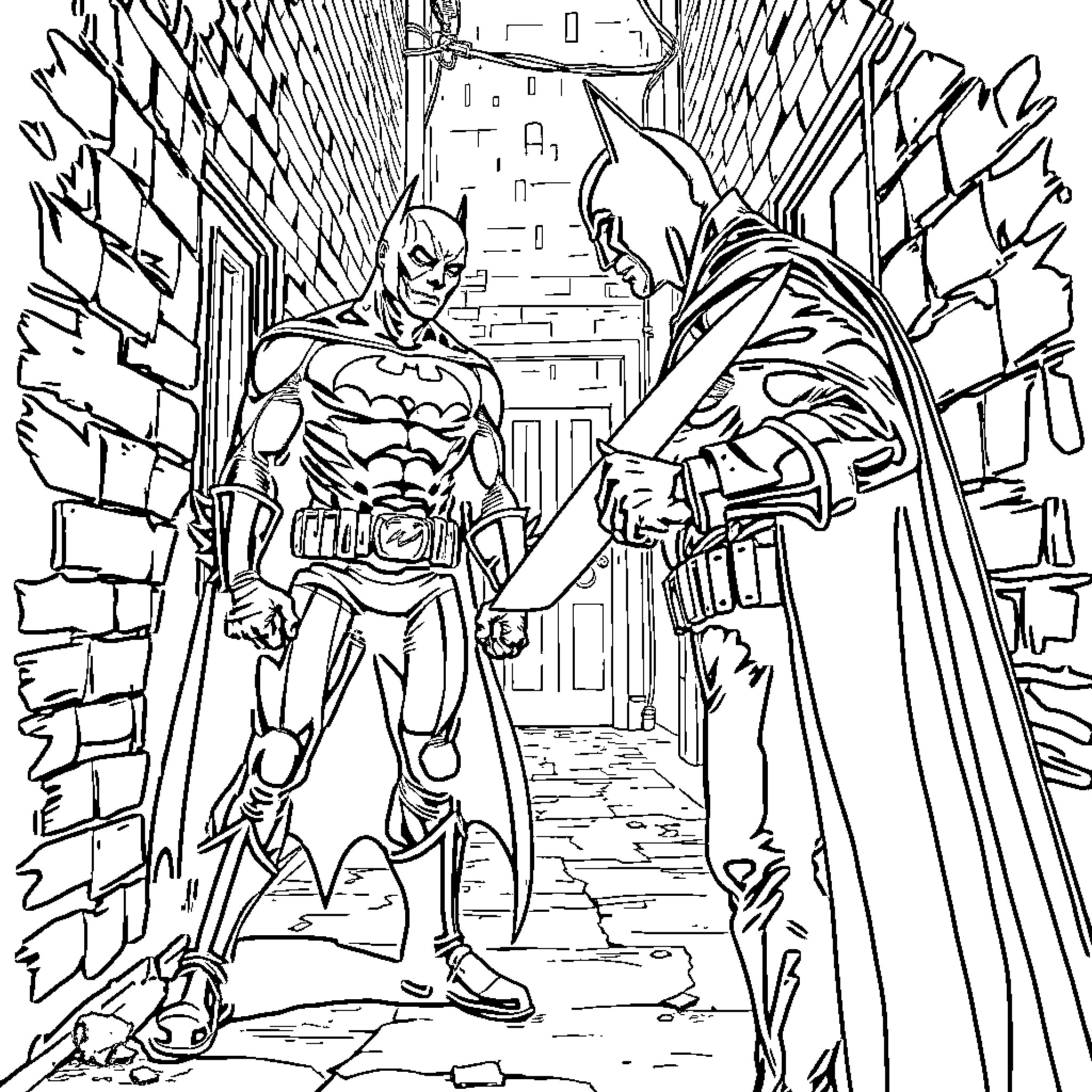 Batman in a Heroic Pose in the Alley Coloring Page (free black-and-white line drawing printable PDF for all, from beginners to advanced learners, including children, teens, adults, and seniors)