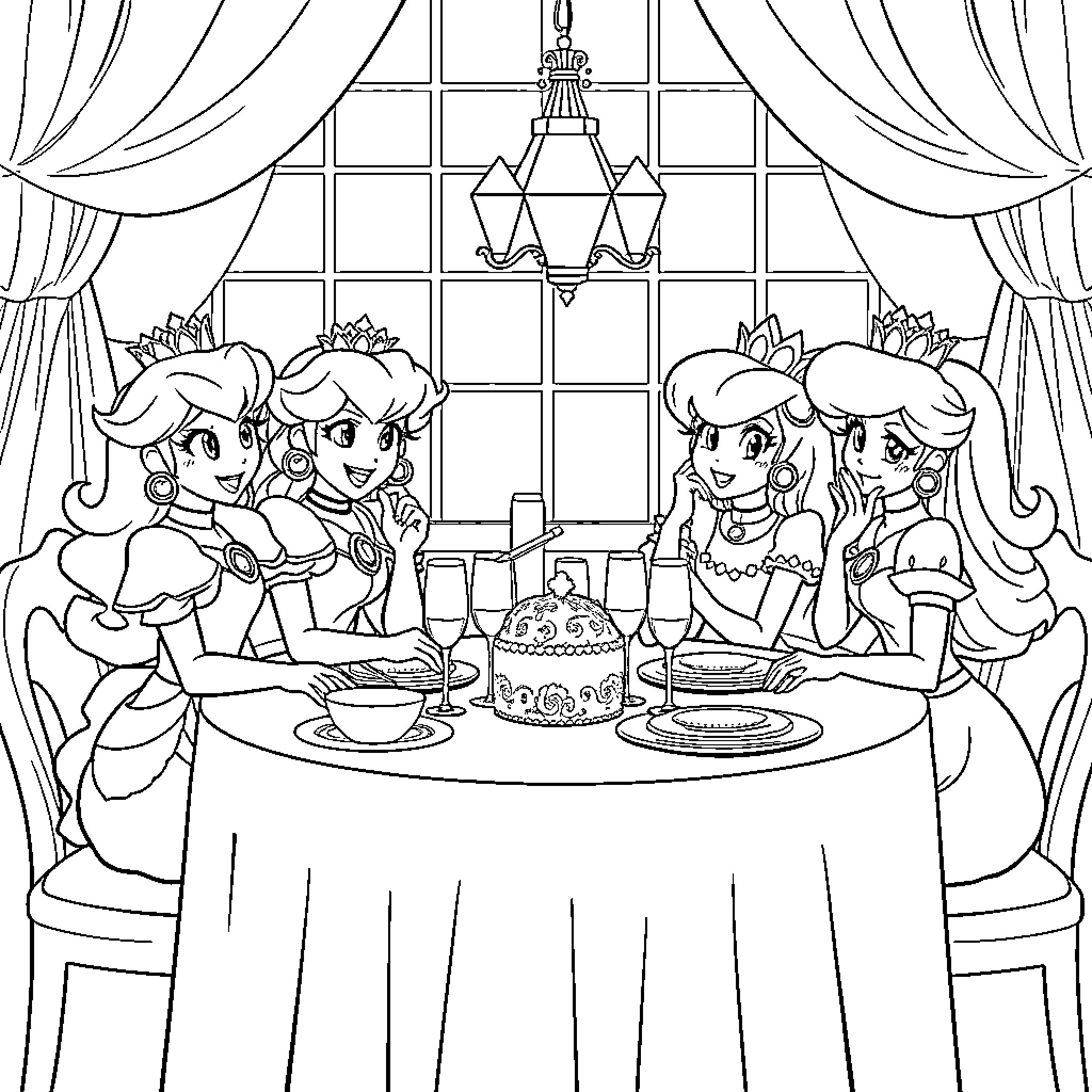 Princesses Enjoying a Formal Banquet Coloring Page (free black-and-white line drawing printable PDF for all, from beginners to advanced learners, including children, teens, adults, and seniors)