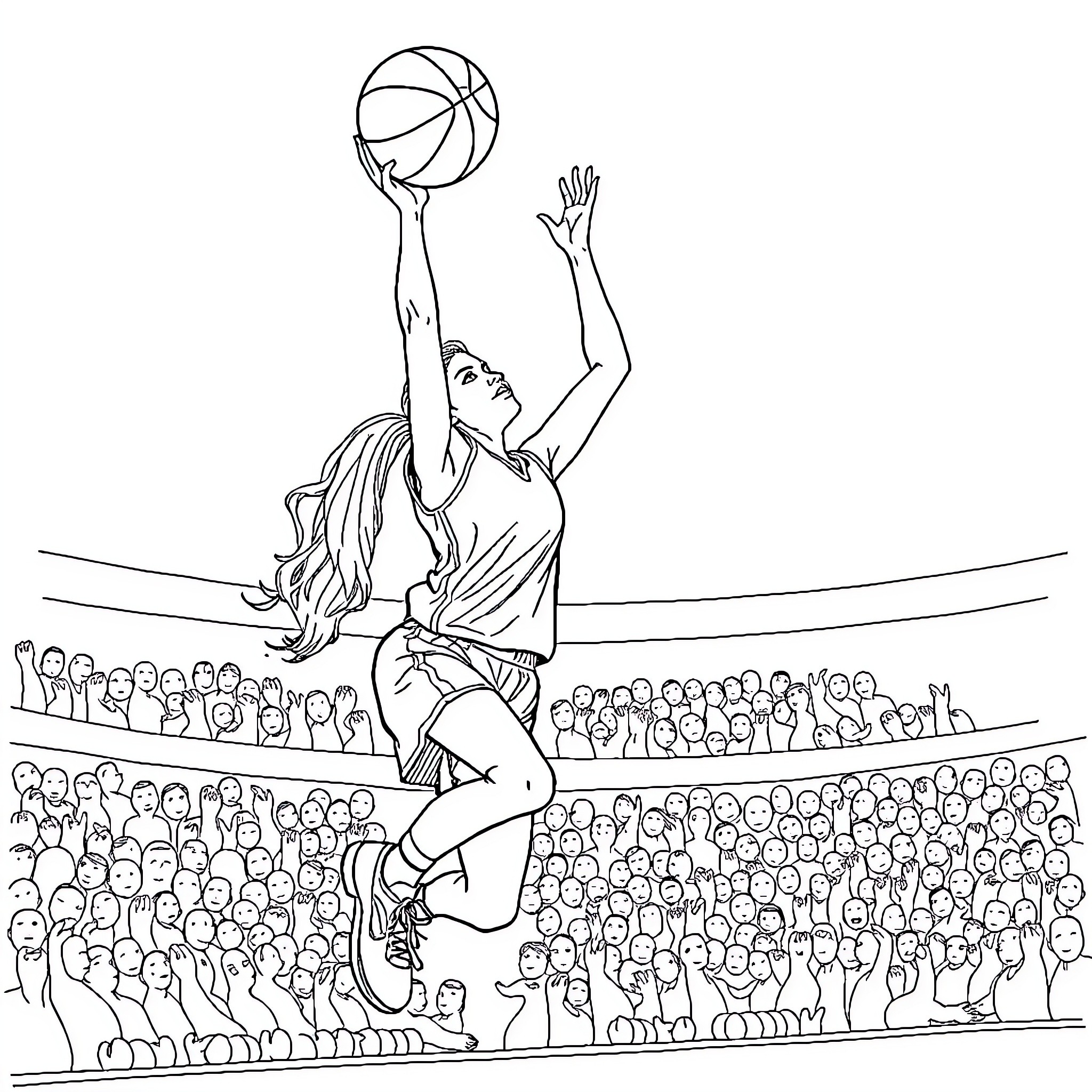 Basketball Player in Action on the Court Coloring Page (free black-and-white line drawing printable PDF for all, from beginners to advanced learners, including children, teens, adults, and seniors)
