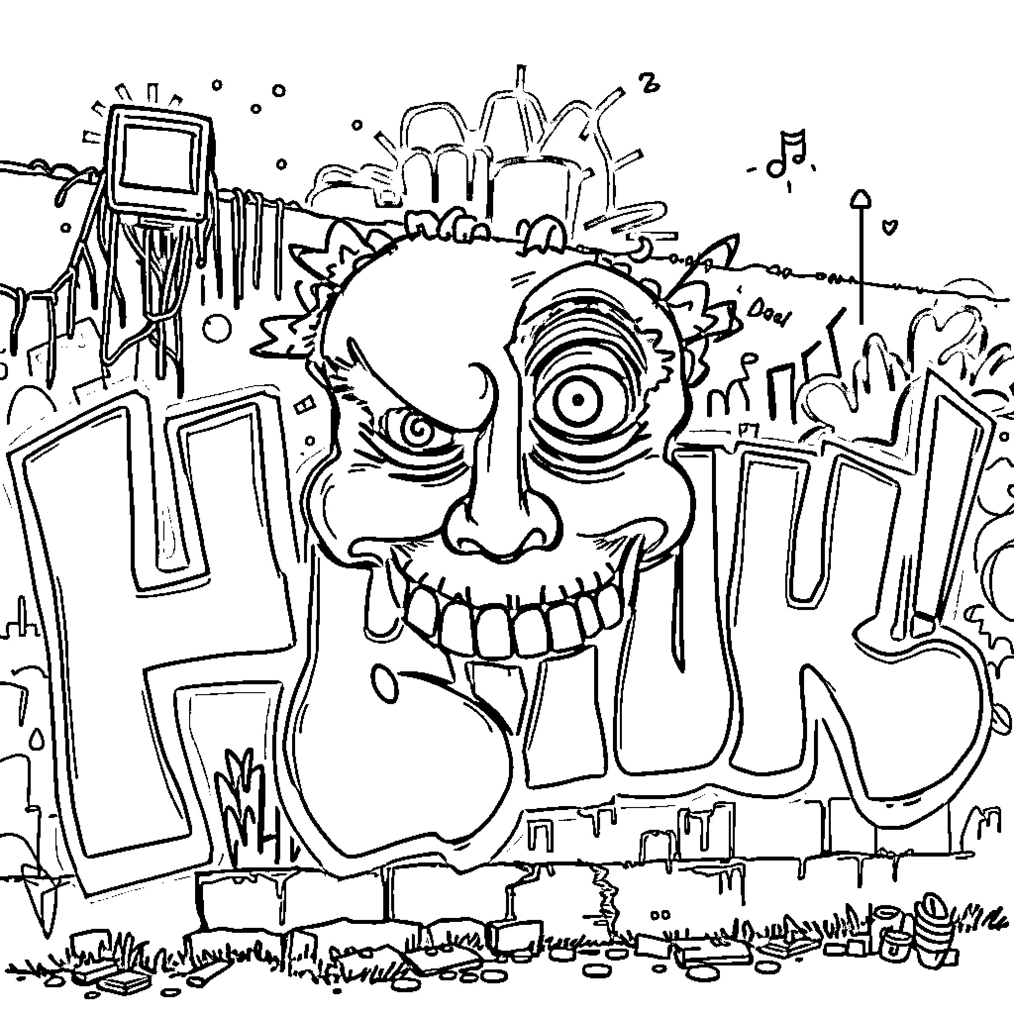 Graffiti depicting an expressive monster face Coloring Page (free black-and-white line drawing printable PDF for all, from beginners to advanced learners, including children, teens, adults, and seniors)