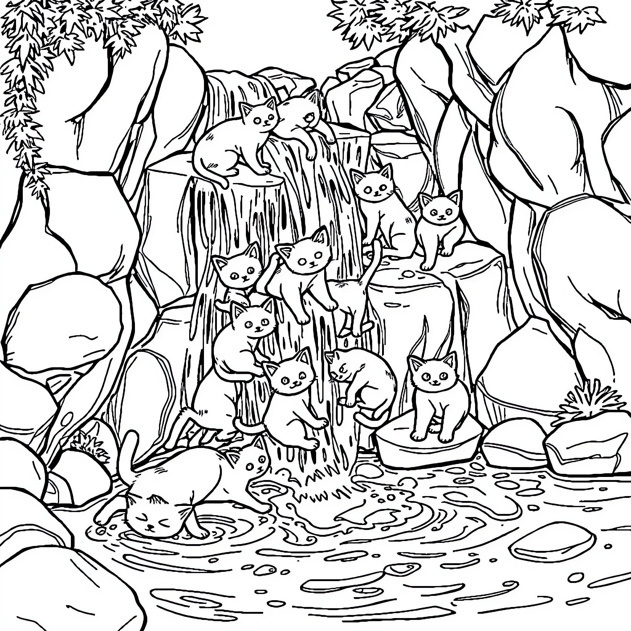 Cat Sanctuary in the Wilderness Coloring Page (free black-and-white line drawing printable PDF for all, from beginners to advanced learners, including children, teens, adults, and seniors)