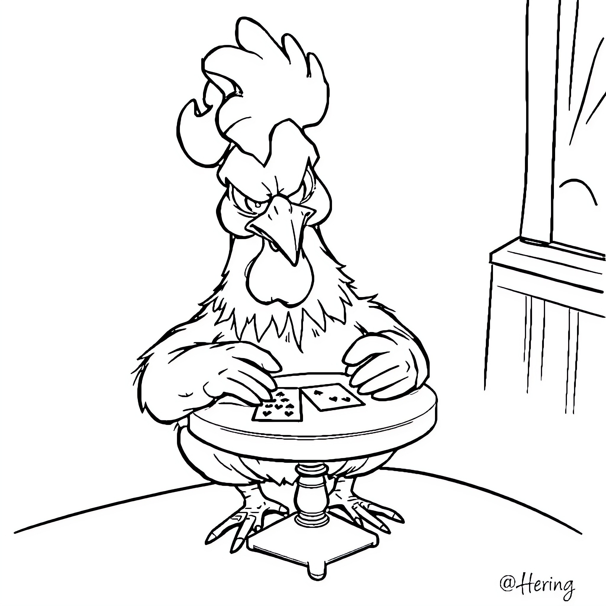 Chicken playing video games in the room Coloring Page (free black-and-white line drawing printable PDF for all, from beginners to advanced learners, including children, teens, adults, and seniors)