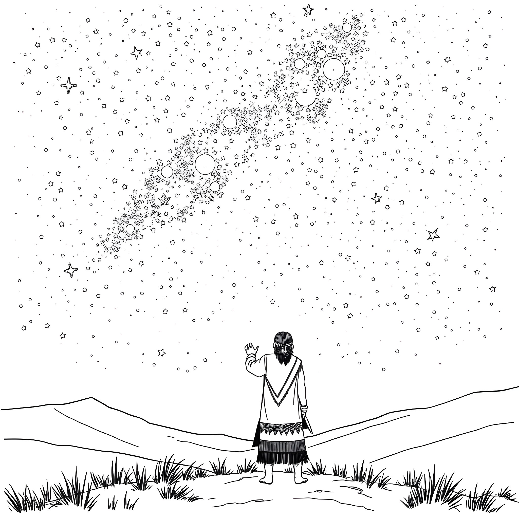 Cherokee Storyteller sharing tales under the starry night Coloring Page (free black-and-white line drawing printable PDF for all, from beginners to advanced learners, including children, teens, adults, and seniors)