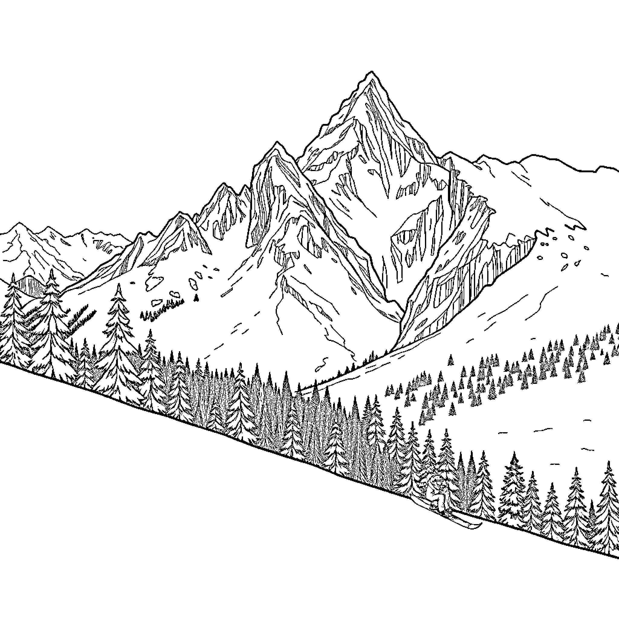 Skiing through majestic mountain landscape Coloring Page (free black-and-white line drawing printable PDF for all, from beginners to advanced learners, including children, teens, adults, and seniors)