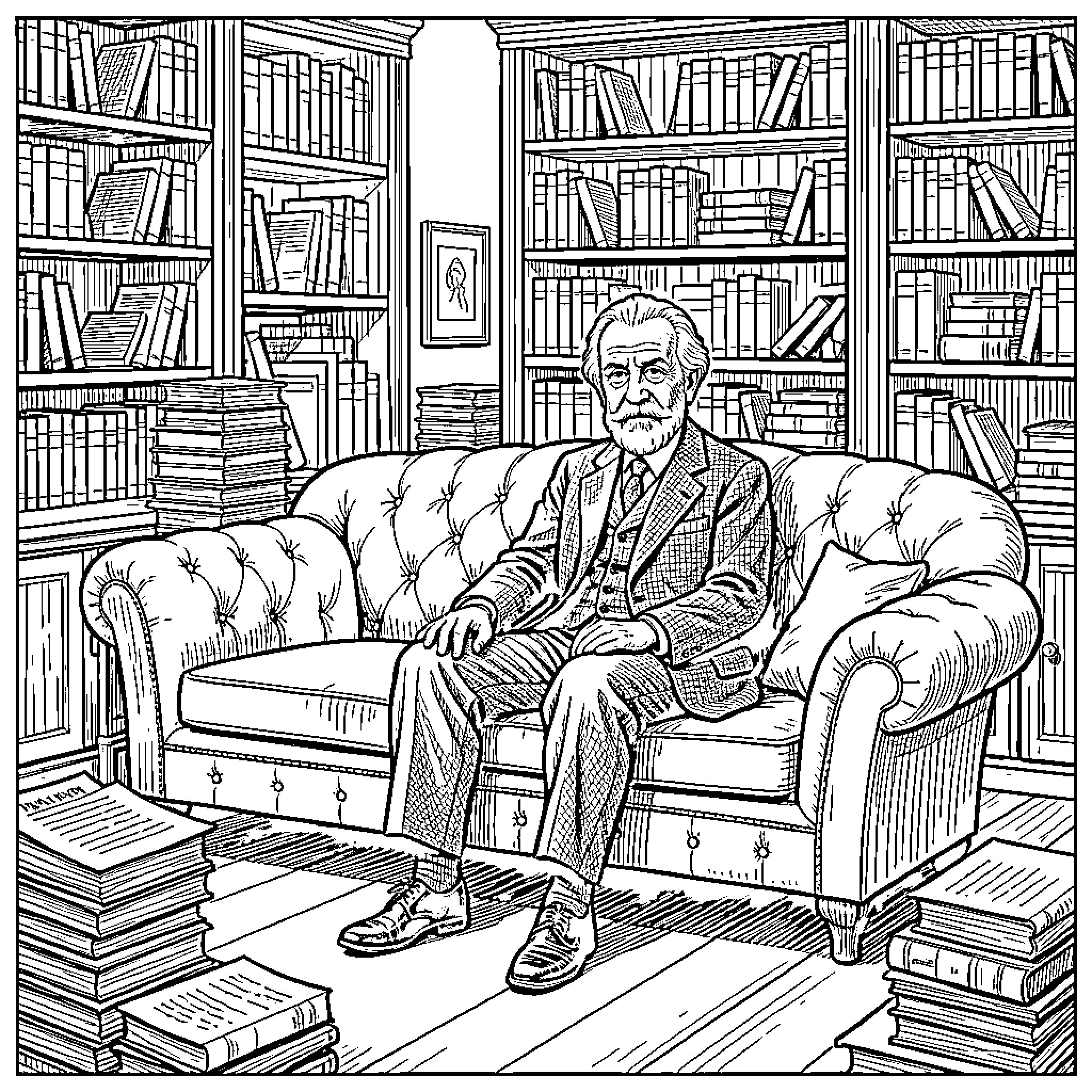 Freud in his Study Surrounded by Books Coloring Page (free black-and-white line drawing printable PDF for all, from beginners to advanced learners, including children, teens, adults, and seniors)
