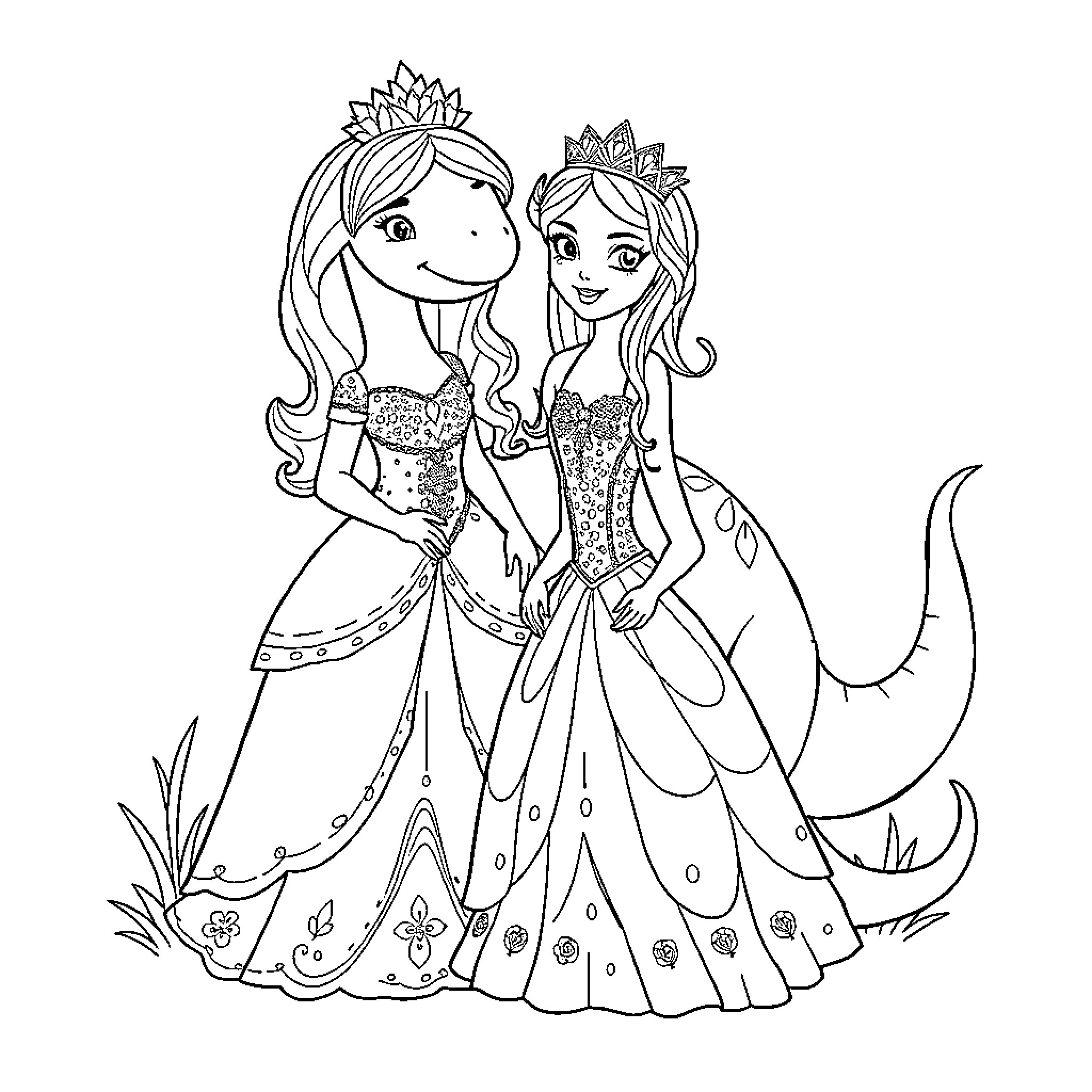 Princess sisters in fancy dresses and crowns Coloring Page (free black-and-white line drawing printable PDF for all, from beginners to advanced learners, including children, teens, adults, and seniors)