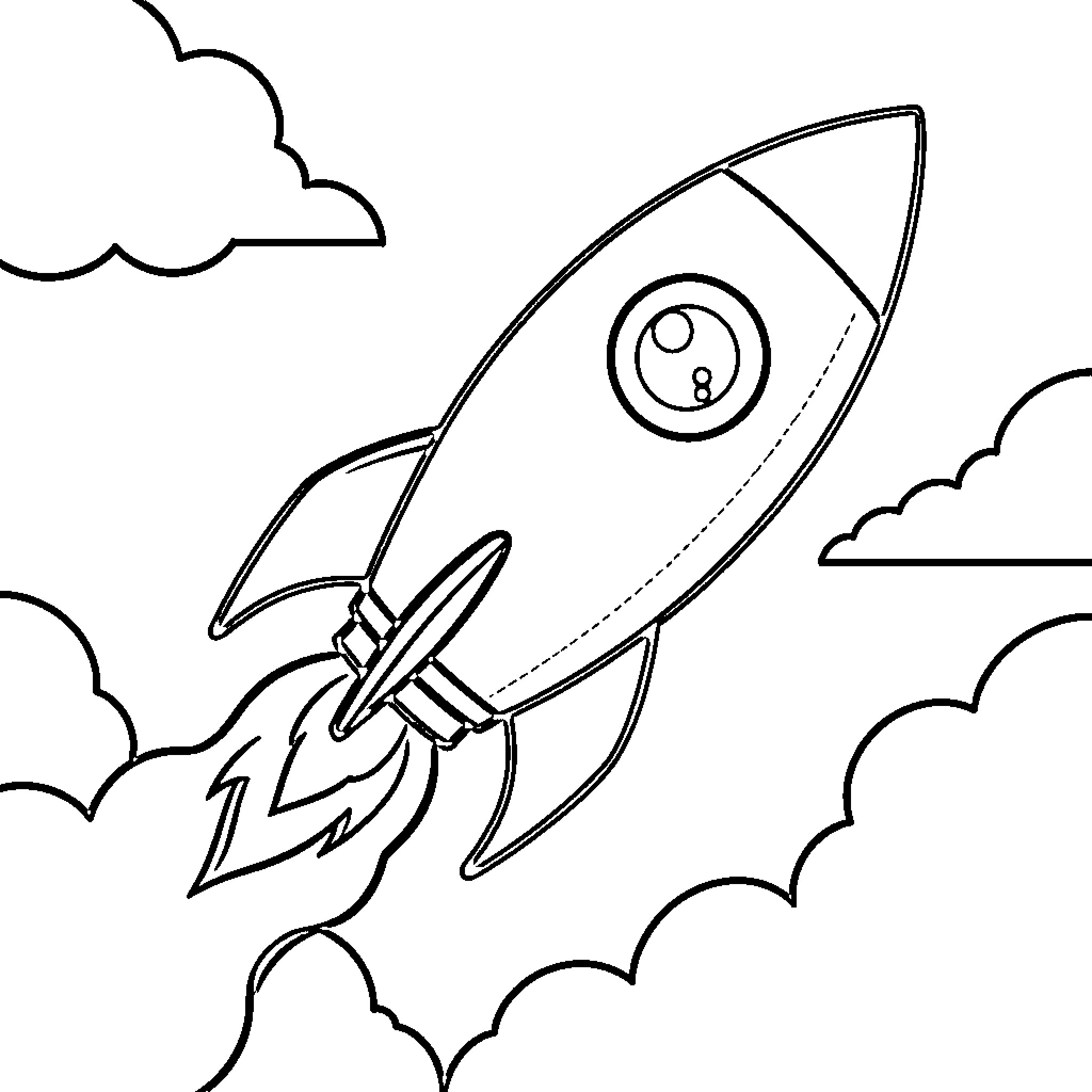 Pacman rocket launching through the sky among clouds Coloring Page (free black-and-white line drawing printable PDF for all, from beginners to advanced learners, including children, teens, adults, and seniors)