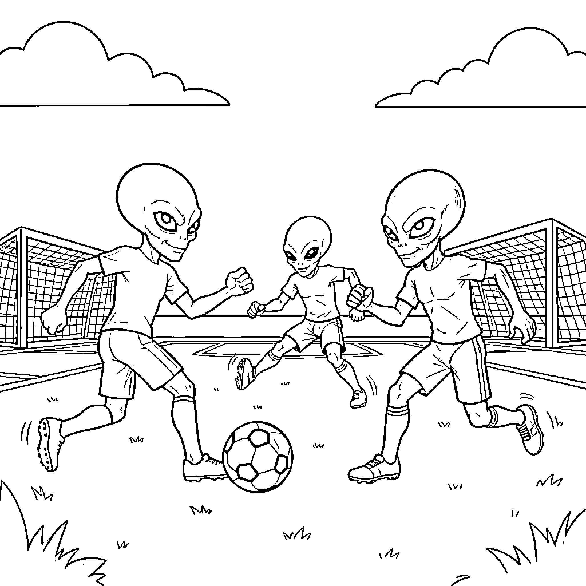 Alien soccer players battling on the field Coloring Page (free black-and-white line drawing printable PDF for all, from beginners to advanced learners, including children, teens, adults, and seniors)