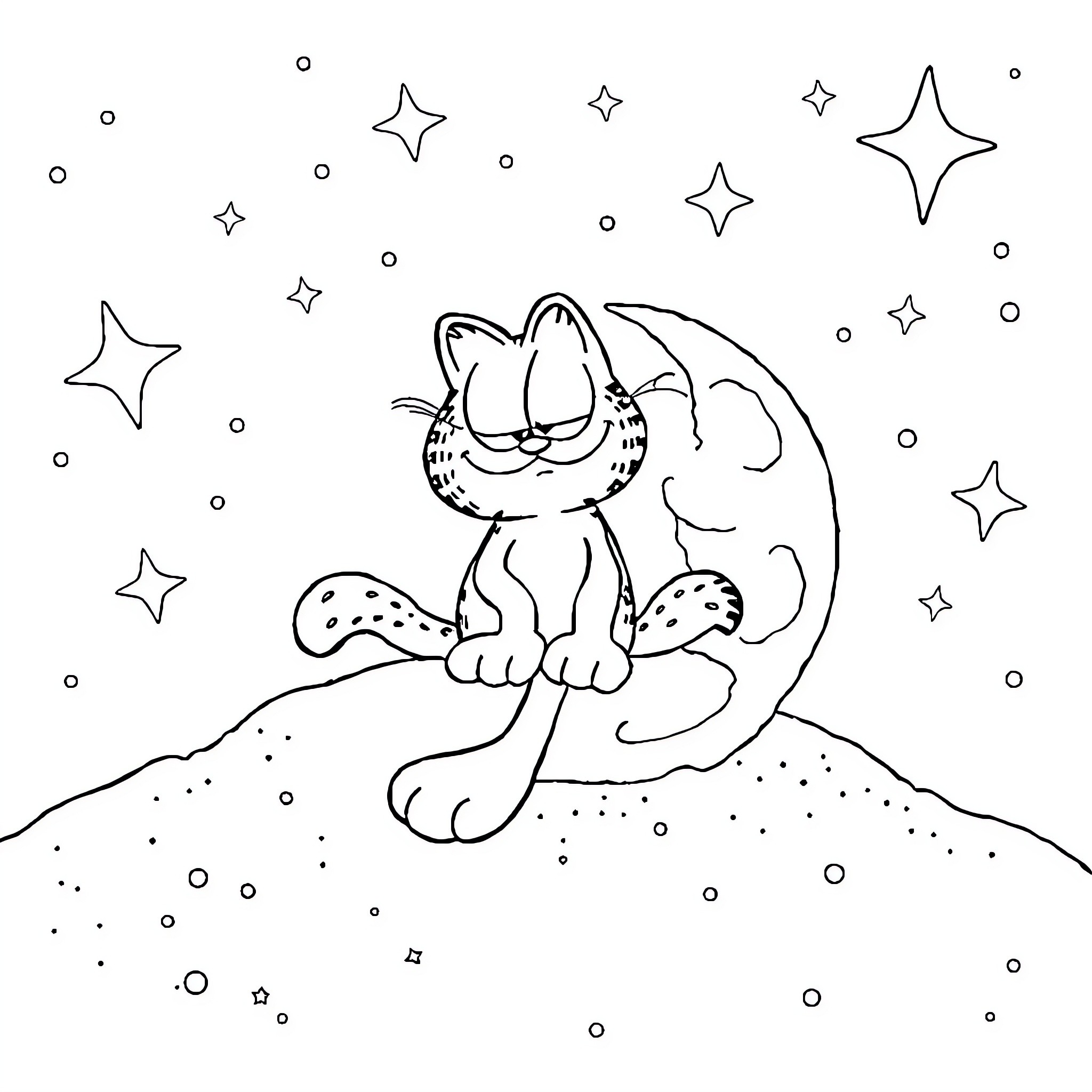 Garfield sitting on the moon among the stars Coloring Page (free black-and-white line drawing printable PDF for all, from beginners to advanced learners, including children, teens, adults, and seniors)