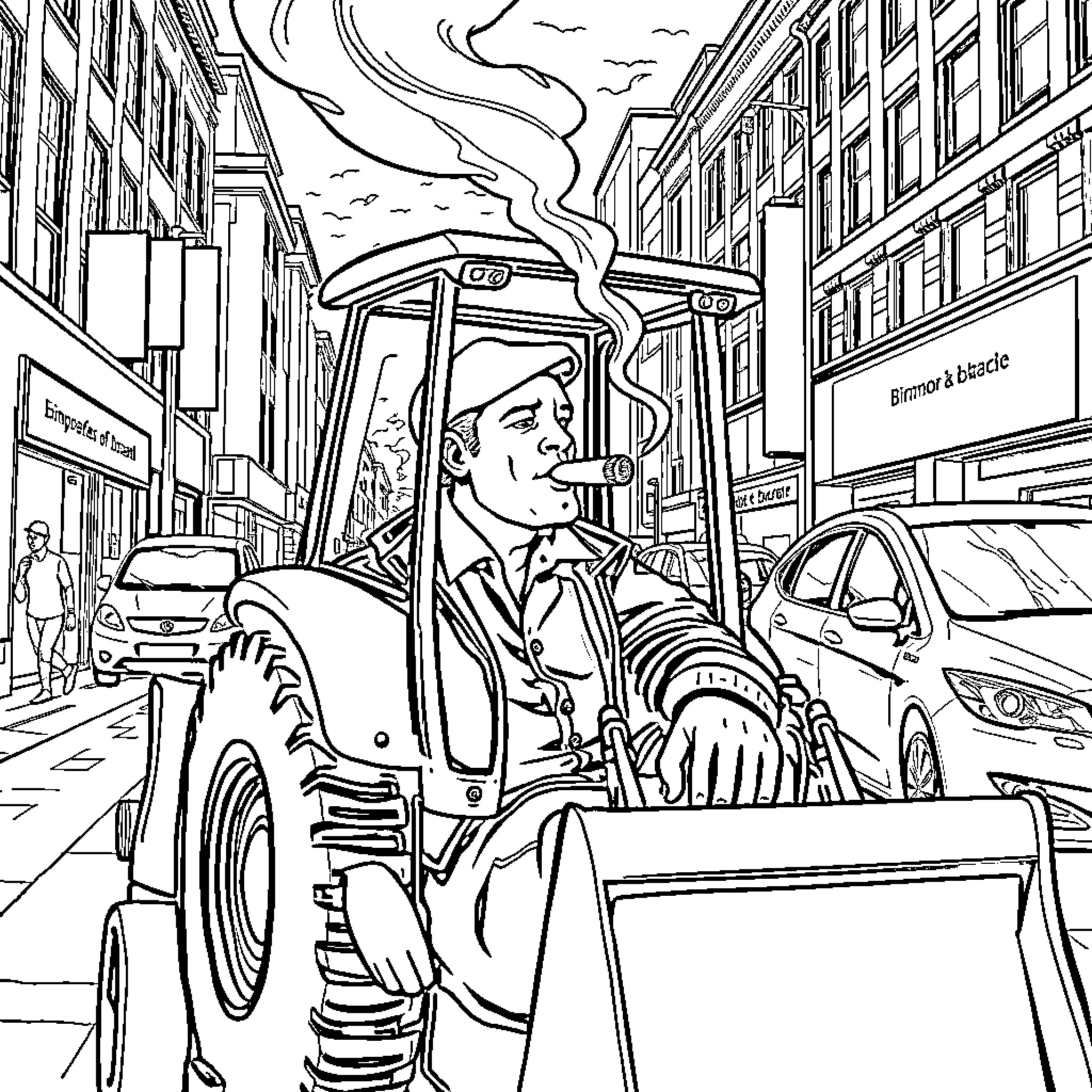 Backhoe operator clearing debris on busy city street Coloring Page (free black-and-white line drawing printable PDF for all, from beginners to advanced learners, including children, teens, adults, and seniors)