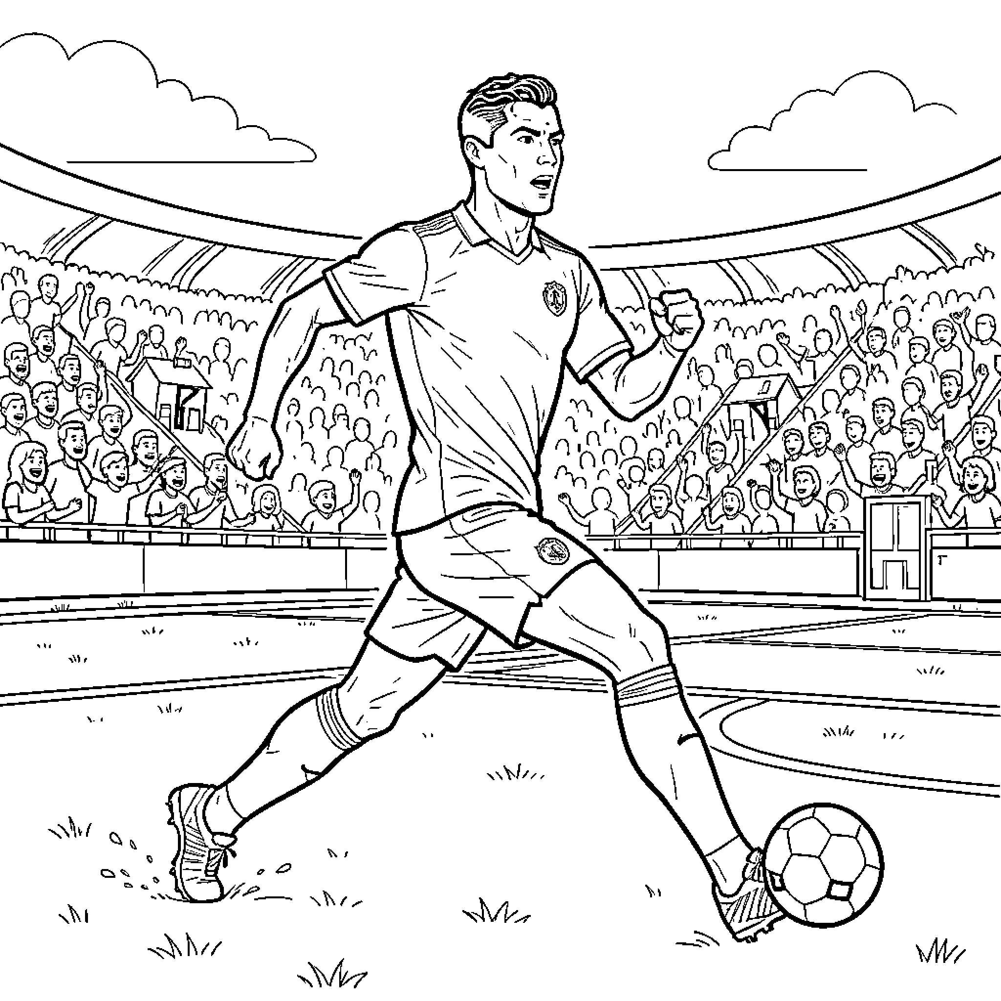 Ronaldo playing soccer on the field with crowds Coloring Page (free black-and-white line drawing printable PDF for all, from beginners to advanced learners, including children, teens, adults, and seniors)