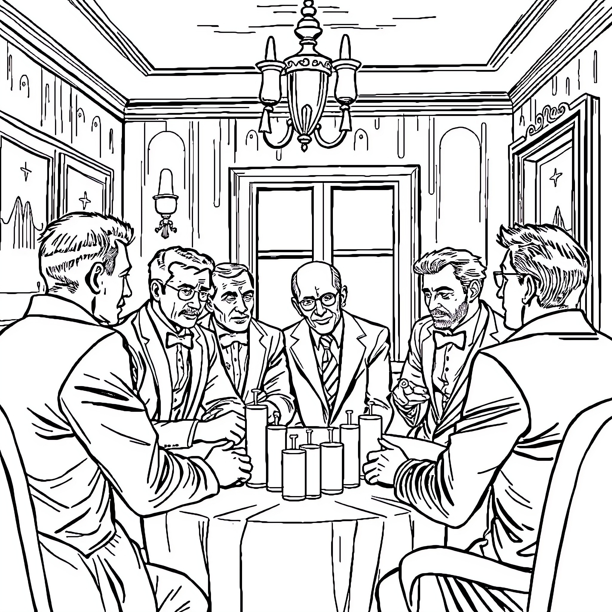 Syndicate of Businessmen Discussing Strategy in an Elegant Room Coloring Page (free black-and-white line drawing printable PDF for all, from beginners to advanced learners, including children, teens, adults, and seniors)