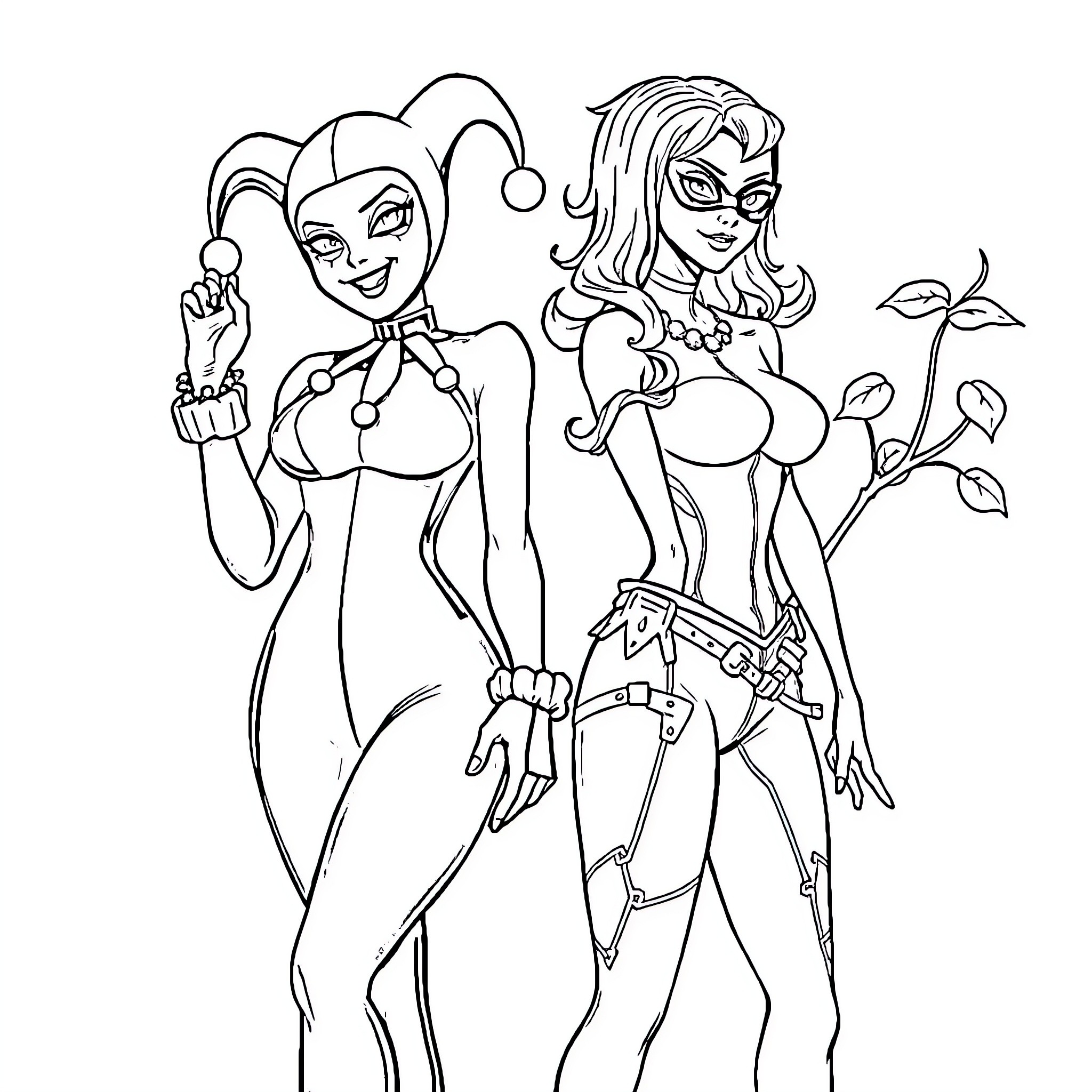Harley Quinn and Poison Ivy in Action Poses Coloring Page (free black-and-white line drawing printable PDF for all, from beginners to advanced learners, including children, teens, adults, and seniors)