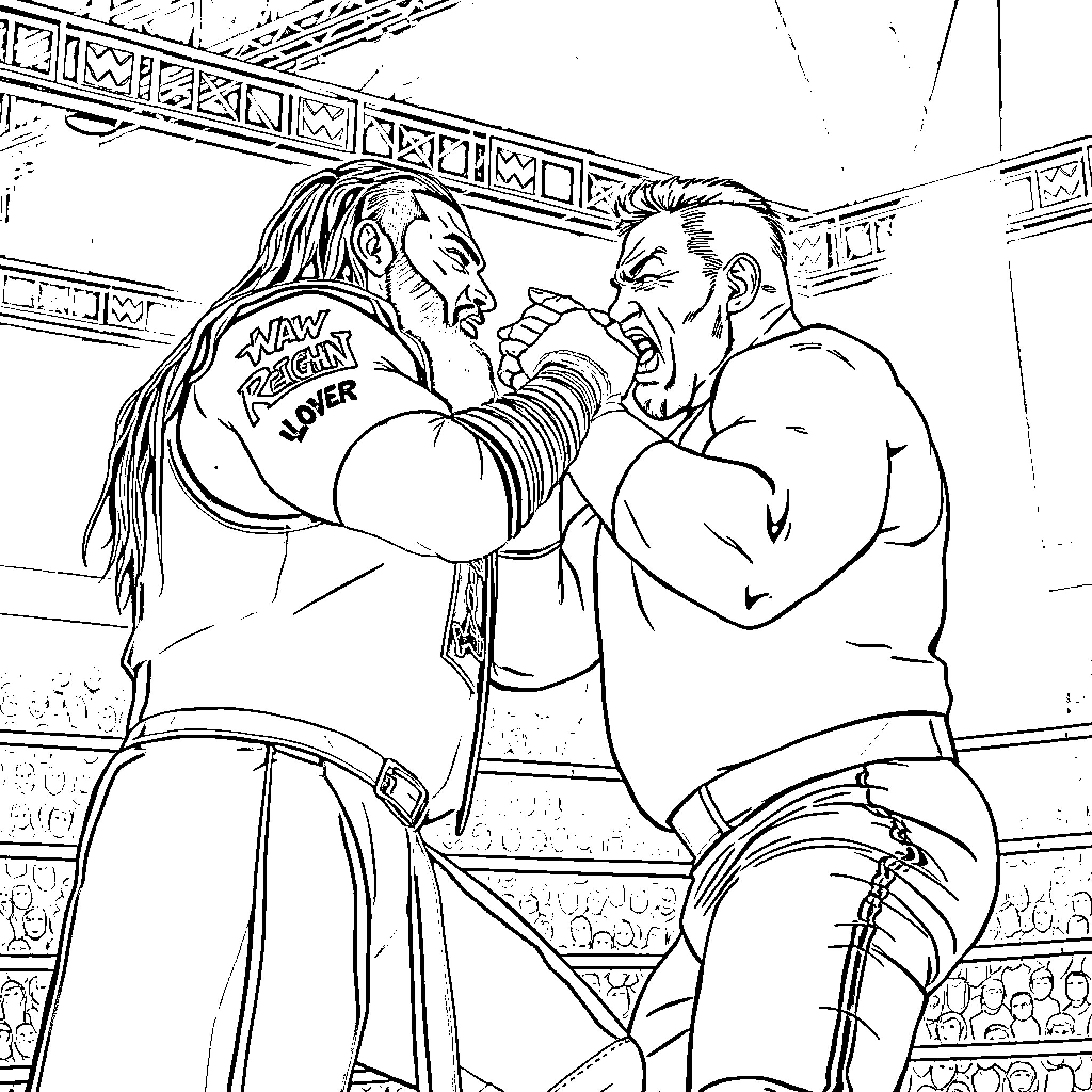 Roman Reigns engaged in intense match Coloring Page (free black-and-white line drawing printable PDF for all, from beginners to advanced learners, including children, teens, adults, and seniors)
