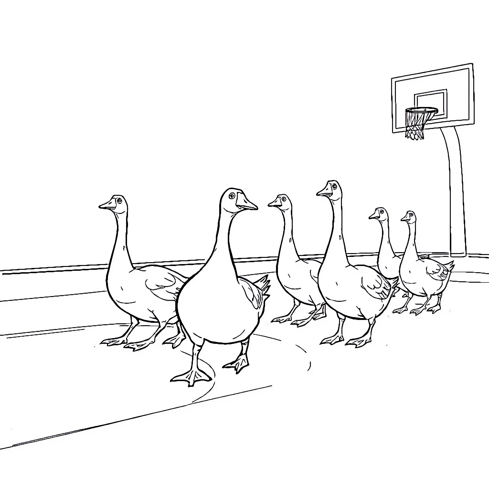 Goose team playing basketball on court Coloring Page (free black-and-white line drawing printable PDF for all, from beginners to advanced learners, including children, teens, adults, and seniors)