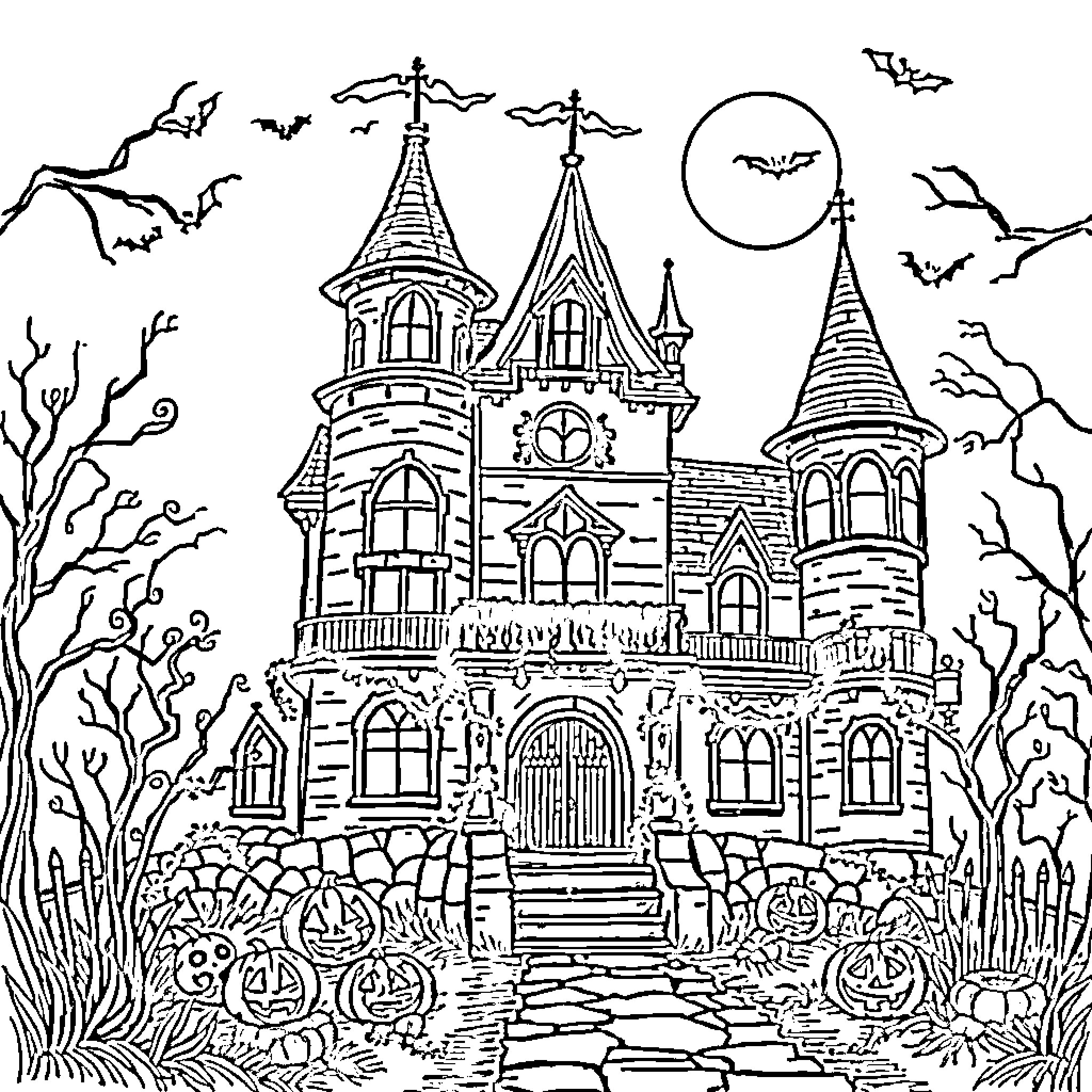 Halloween Castle with Haunted Atmosphere Coloring Page (free black-and-white line drawing printable PDF for all, from beginners to advanced learners, including children, teens, adults, and seniors)