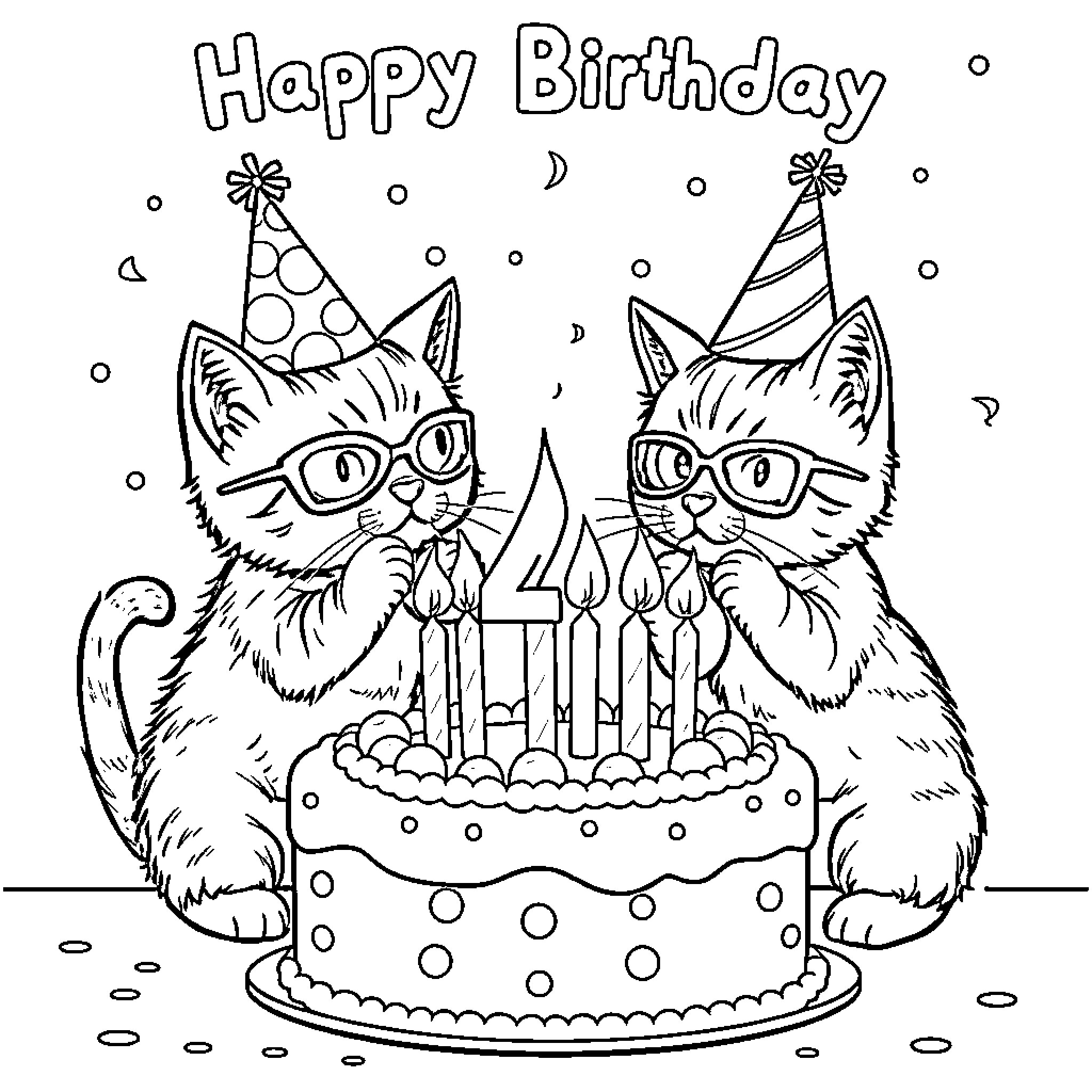 Kitty Cats Celebrate Happy Birthday with Cake Coloring Page (free black-and-white line drawing printable PDF for all, from beginners to advanced learners, including children, teens, adults, and seniors)