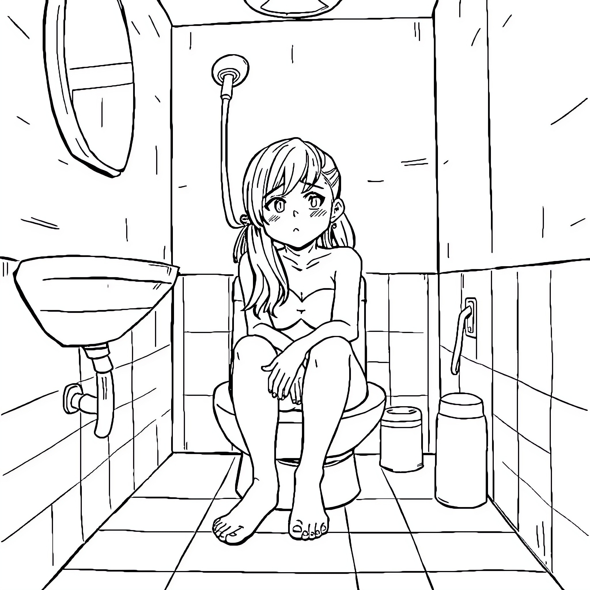 Netanyahu's Moment of Contemplation in the Bathroom Coloring Page (free black-and-white line drawing printable PDF for all, from beginners to advanced learners, including children, teens, adults, and seniors)
